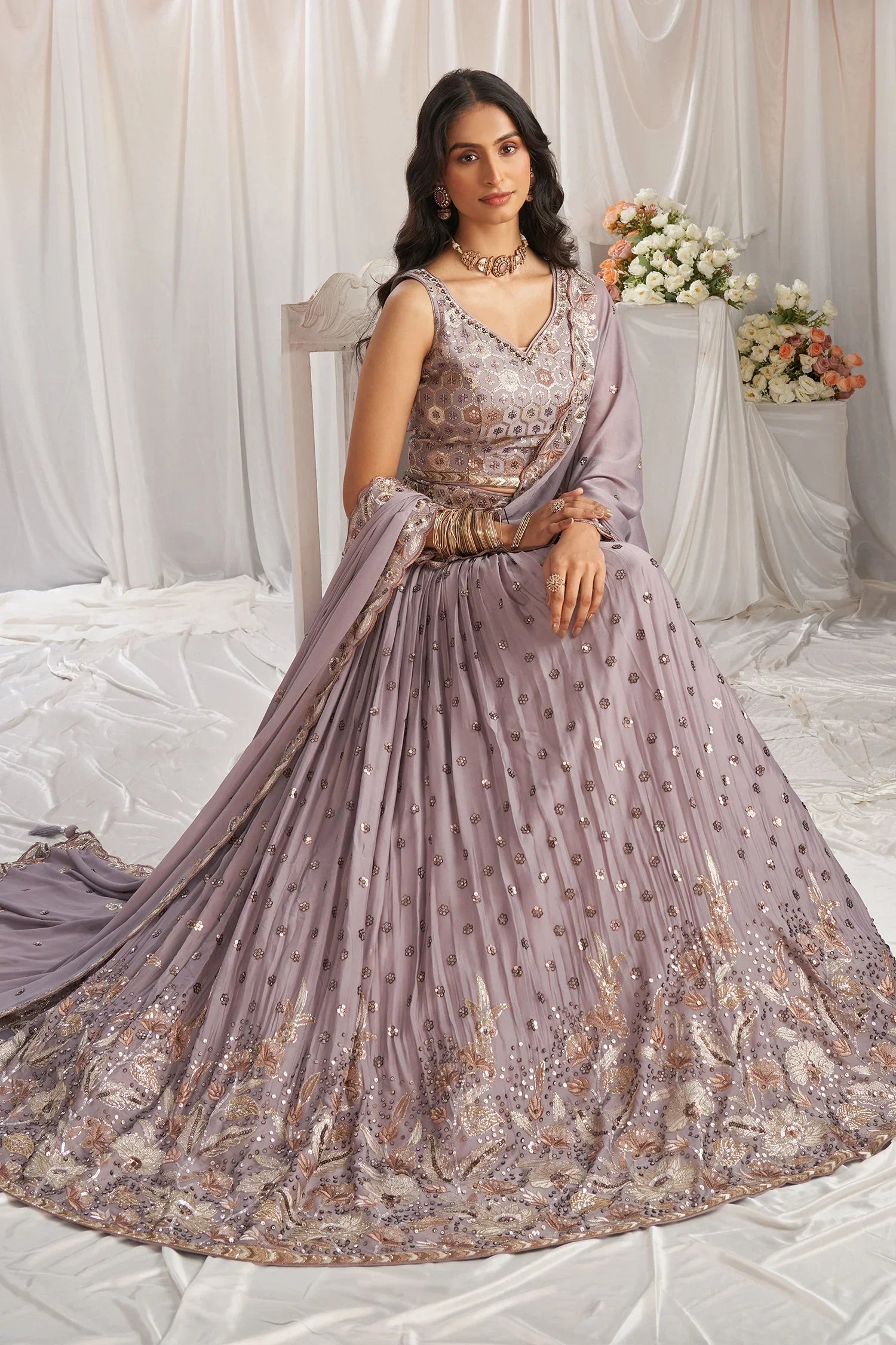 Mauve Georgette Lehenga with All-Over Sequin Detailing