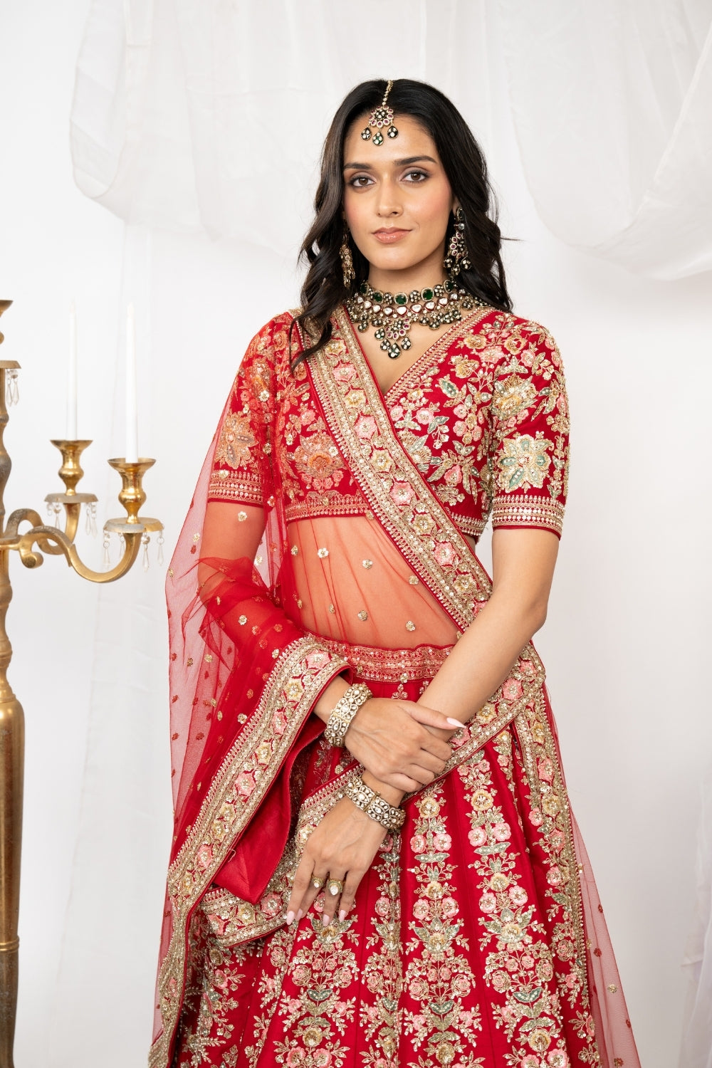 Red Raw Silk Bridal Lehenga Choli Set with Sequins and Resham Embroidery