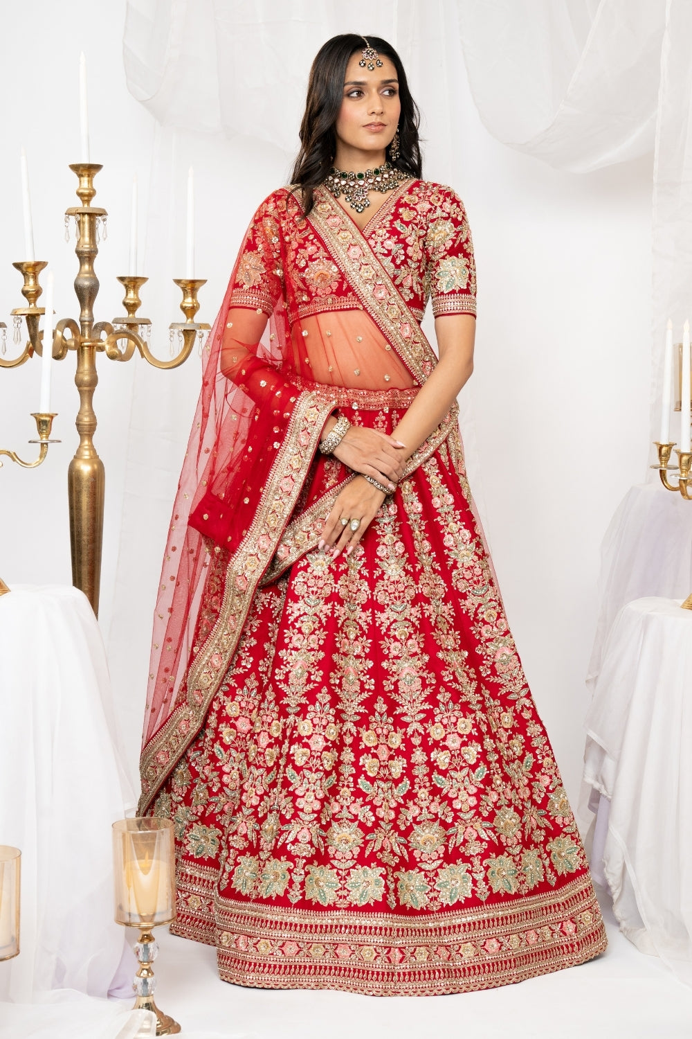 Red Raw Silk Bridal Lehenga Choli Set with Sequins and Resham Embroidery