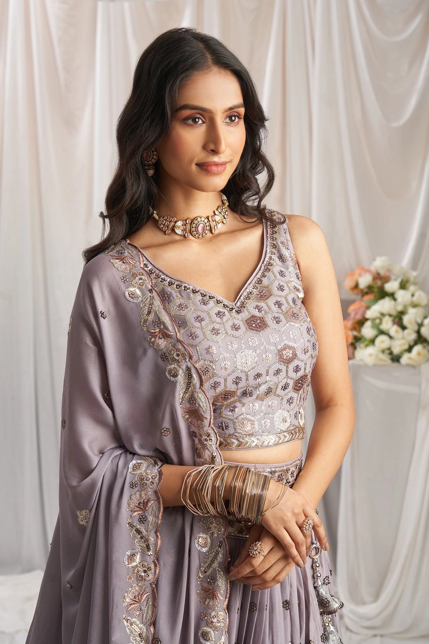 Mauve Georgette Lehenga with All-Over Sequin Detailing