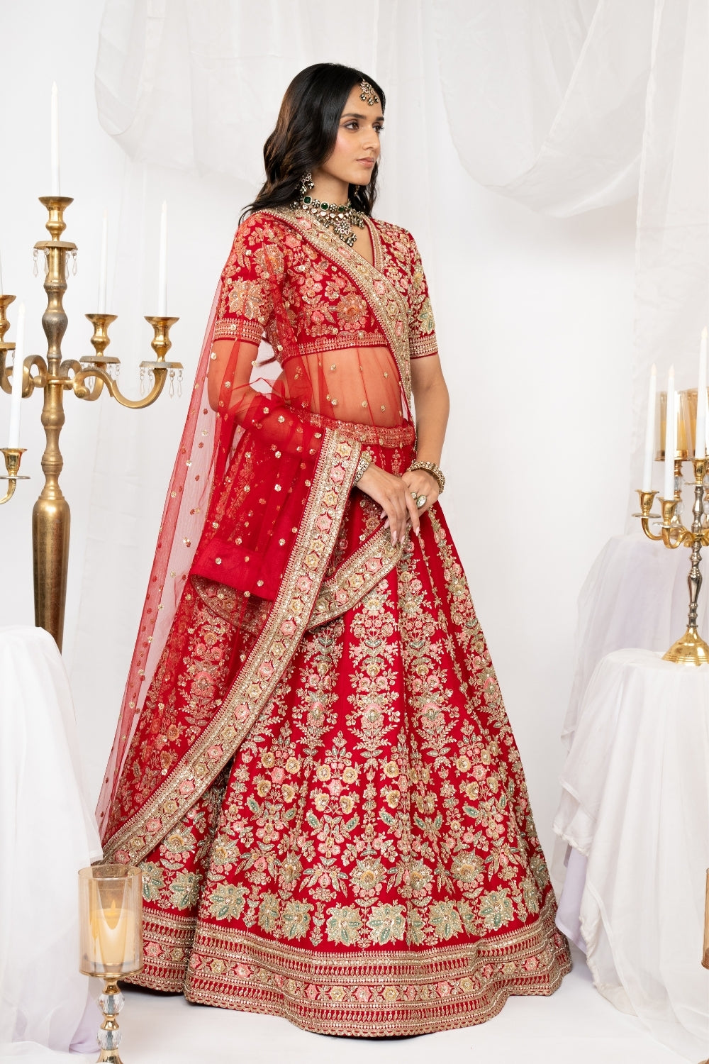 Red Raw Silk Bridal Lehenga Choli Set with Sequins and Resham Embroidery