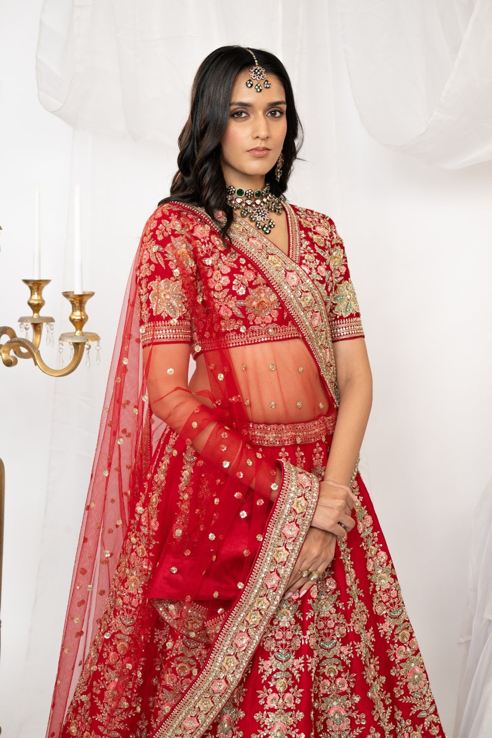 Red Raw Silk Bridal Lehenga Choli Set with Sequins and Resham Embroidery
