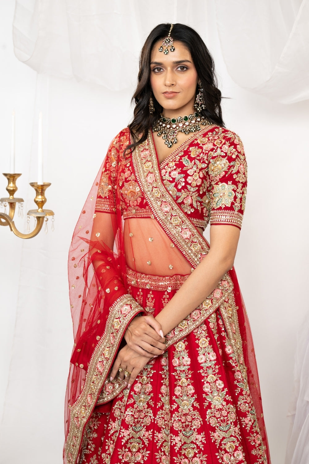 Red Raw Silk Bridal Lehenga Choli Set with Sequins and Resham Embroidery
