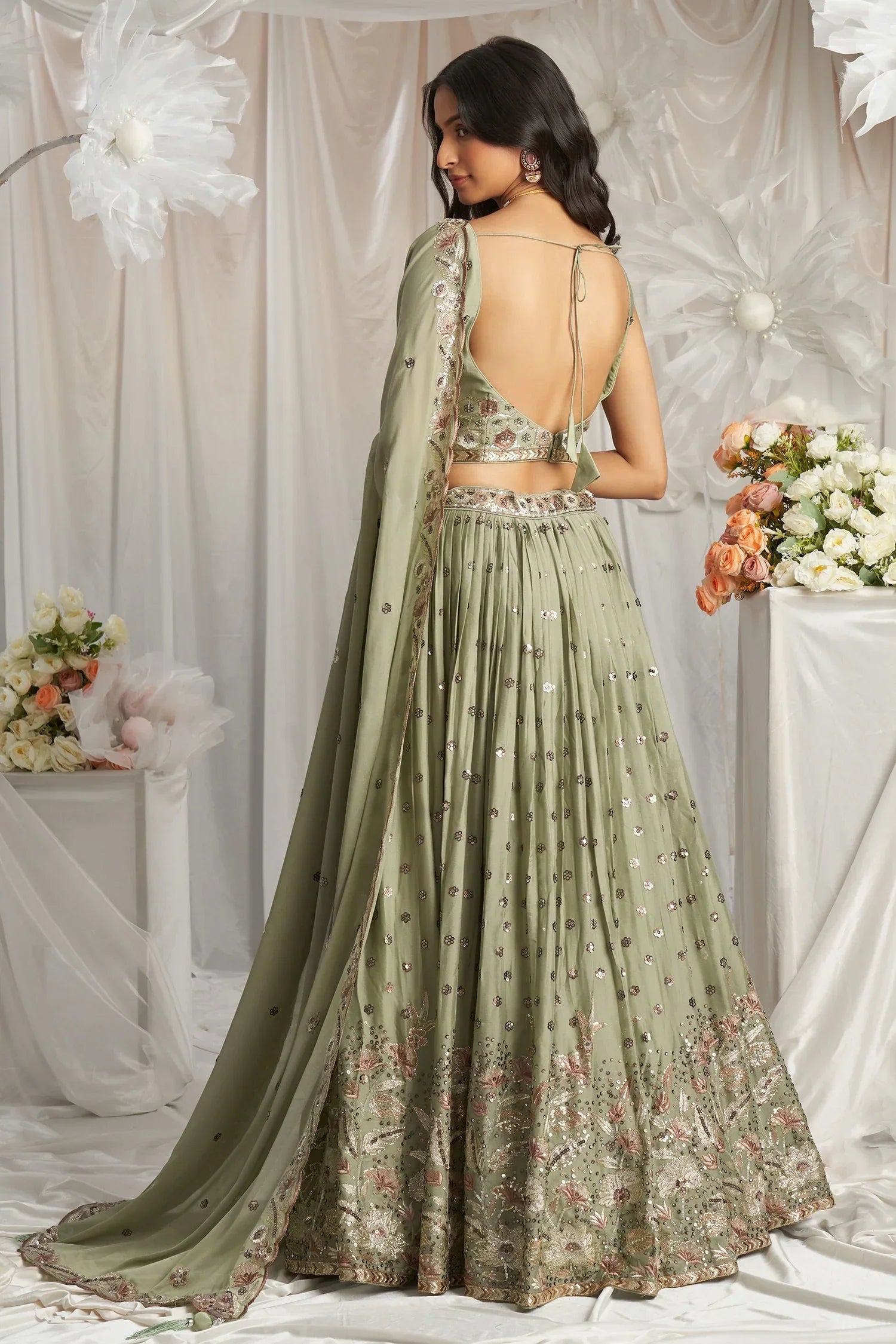 Lime Green Georgette Lehenga with All-Over Sequin Embroidery