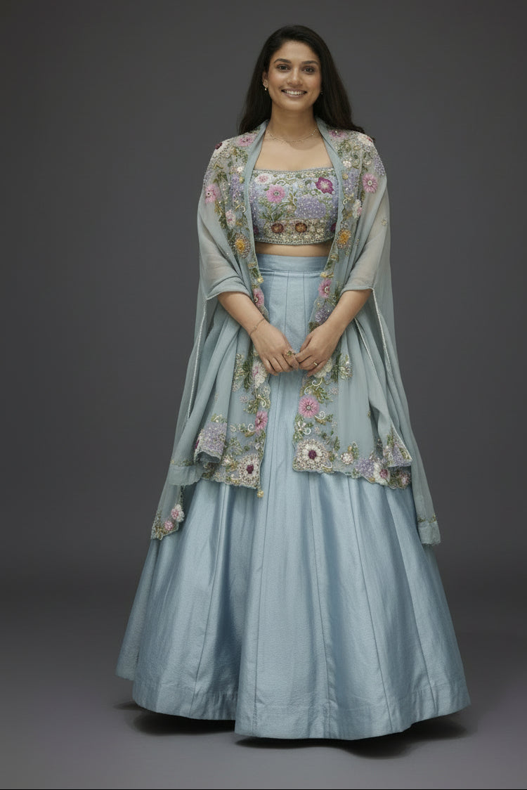 Ocean Blue Silk Handwork Crop Top Lehenga With Jacket