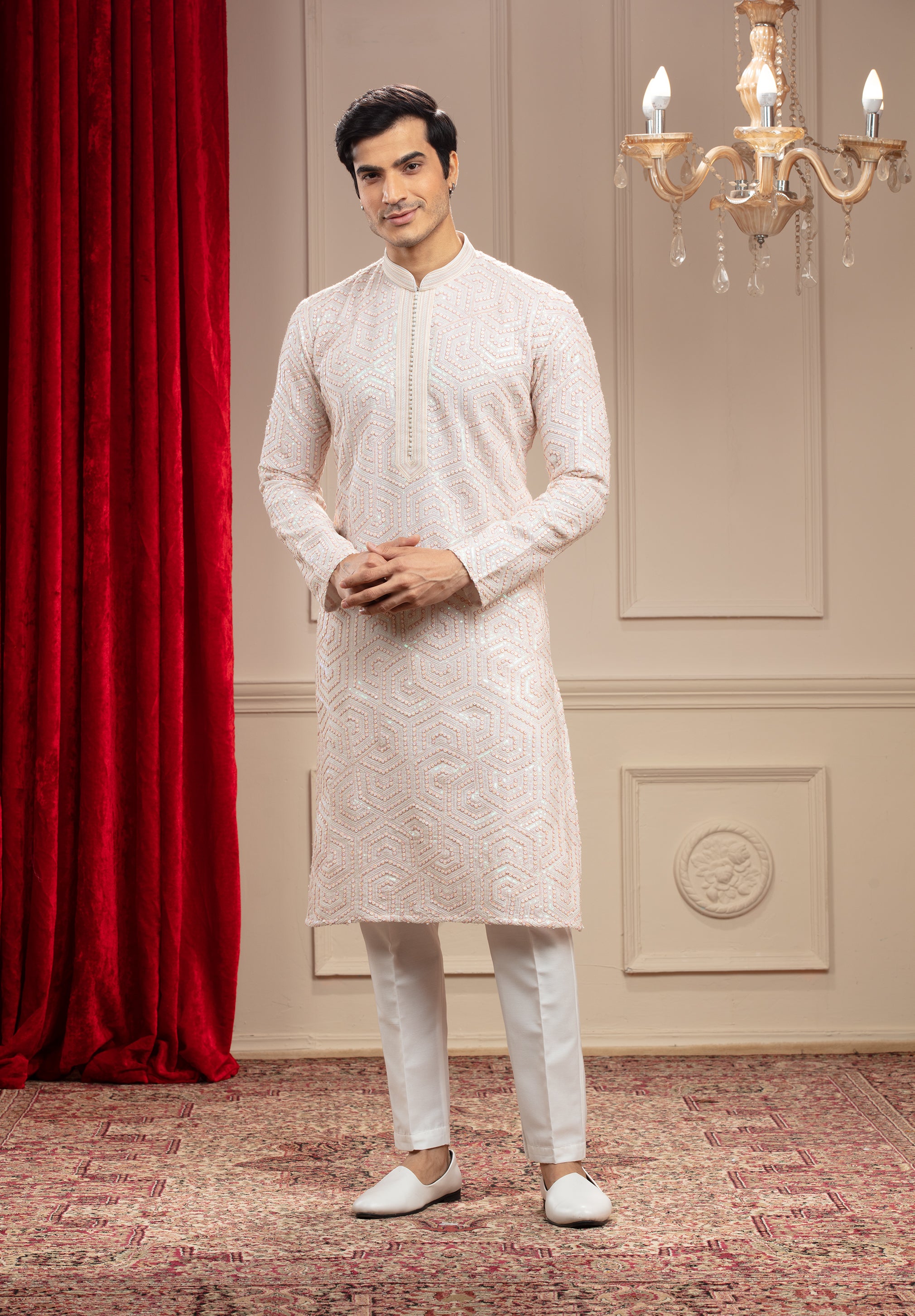 Cream White kurta pajama Set with Hexagonal Sequin work
