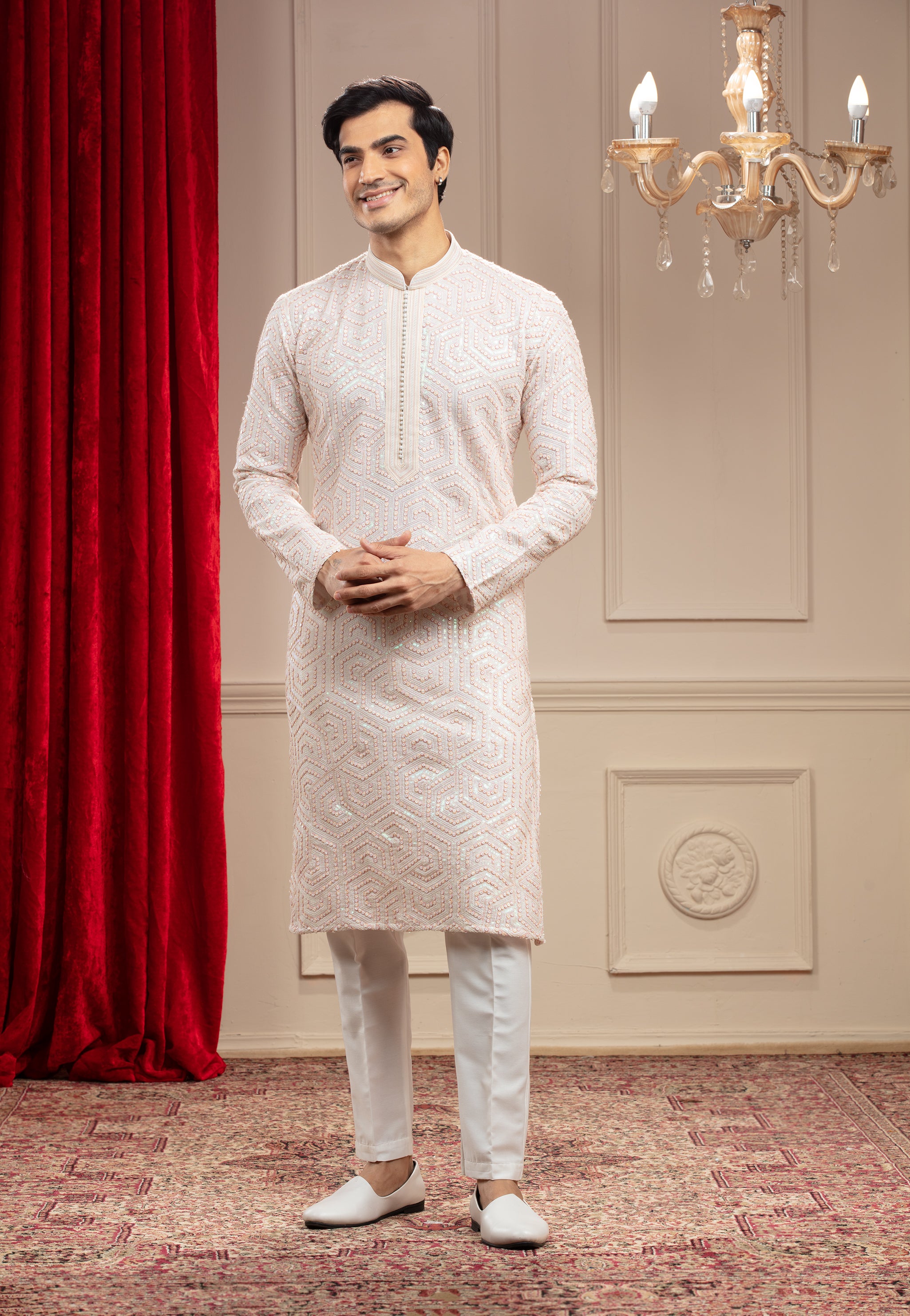 Cream White kurta pajama Set with Hexagonal Sequin work