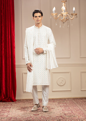 Milky White Banarasi Silk Kurta-Pajama Set With Dupatta
