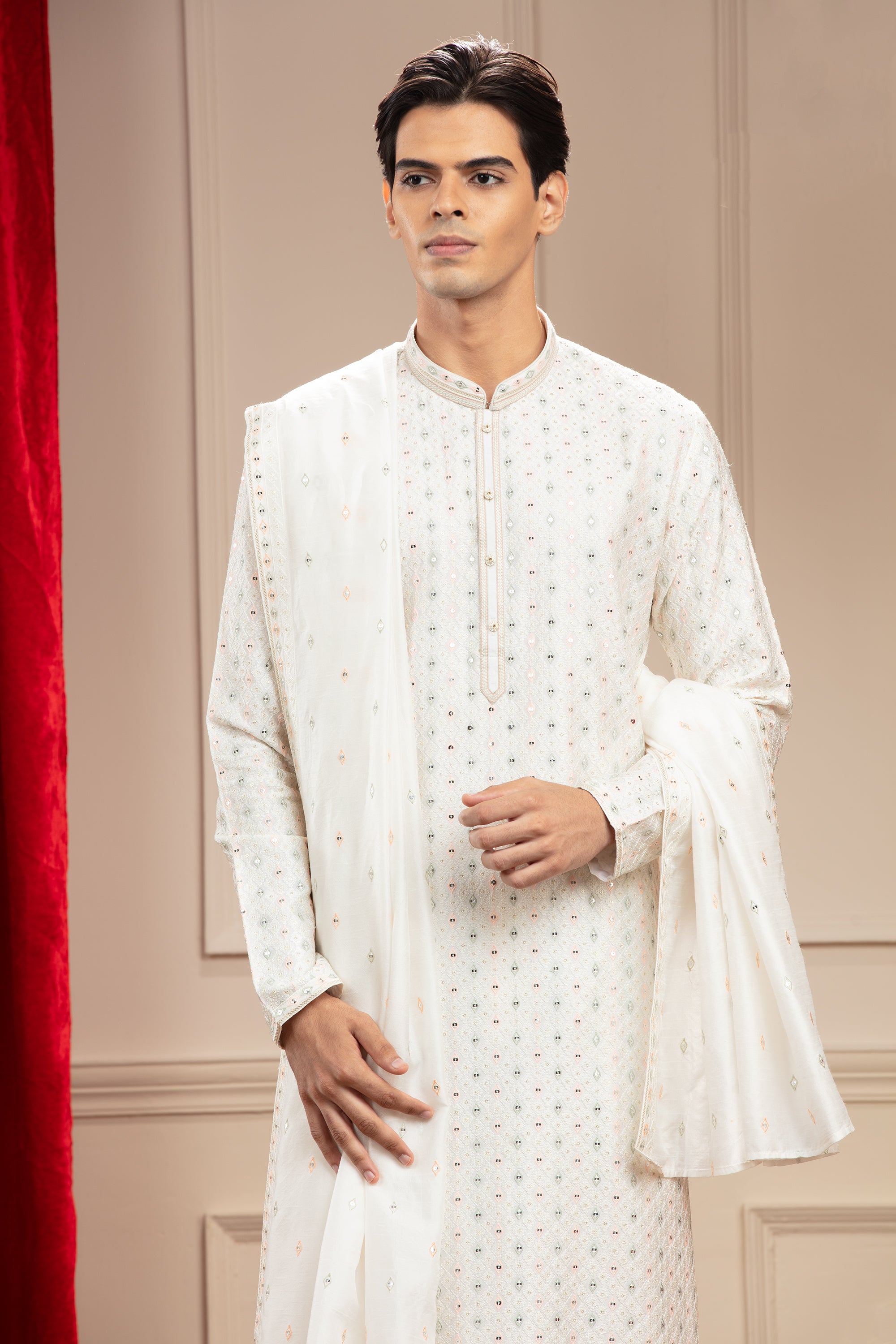 Milky White Banarasi Silk Kurta Pajama Set with Dupatta