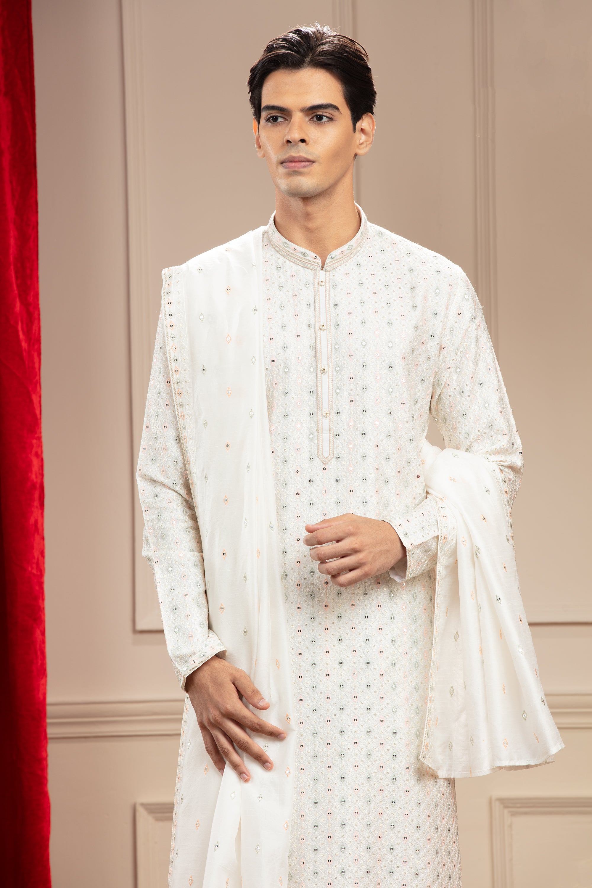 Milky White Banarasi Silk Kurta-Pajama Set with Dupatta