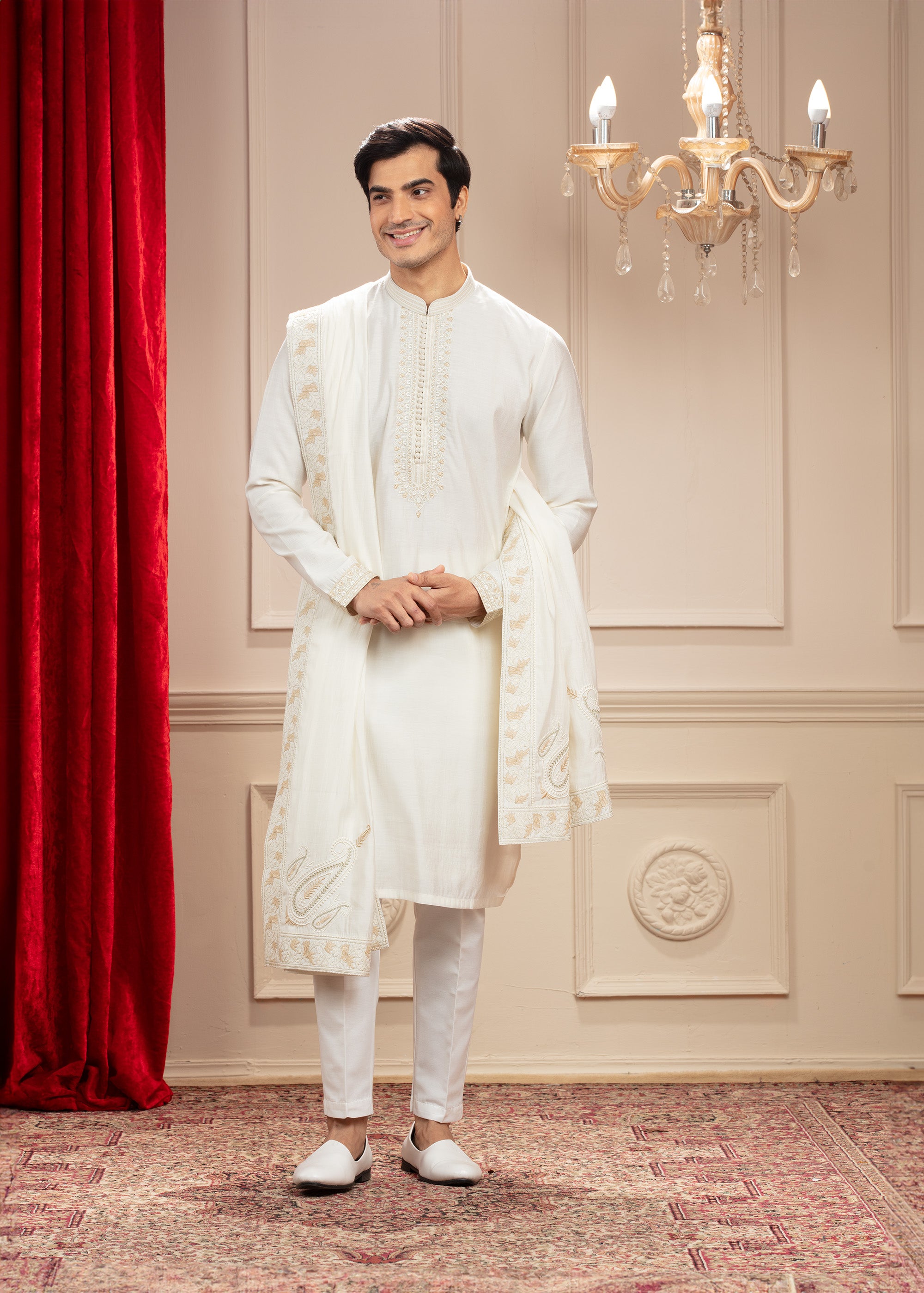 Alabaster White Banarasi Silk kurta with Resham work and matching Dupatta