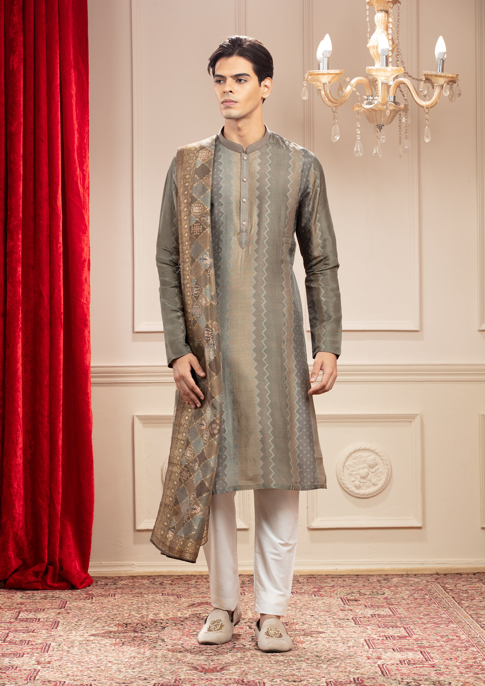 Raw silk fabric mehndi kurta pajama with loops – Uomo Attire