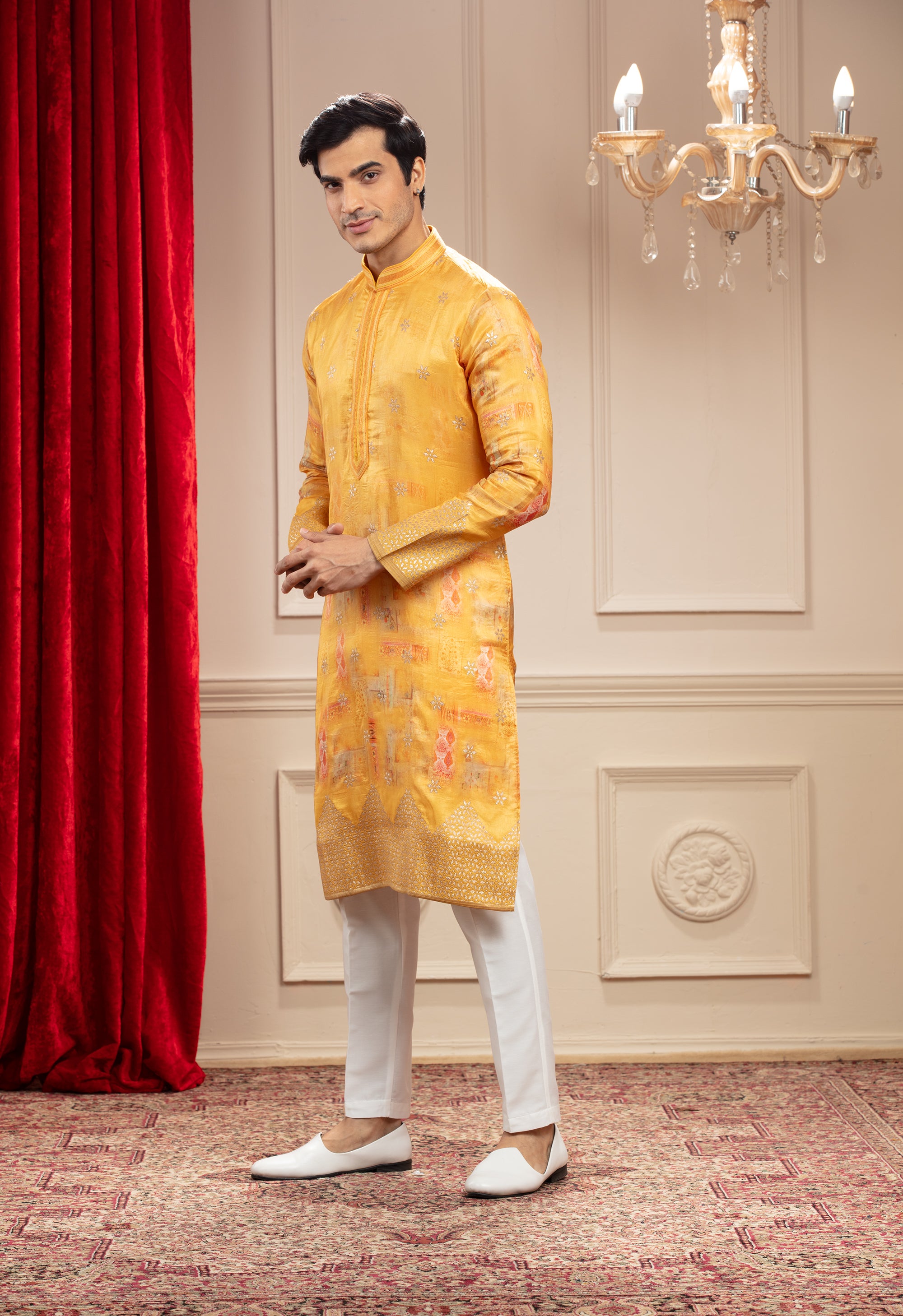 Golden Yellow Banarasi kurta with Multicoloured print