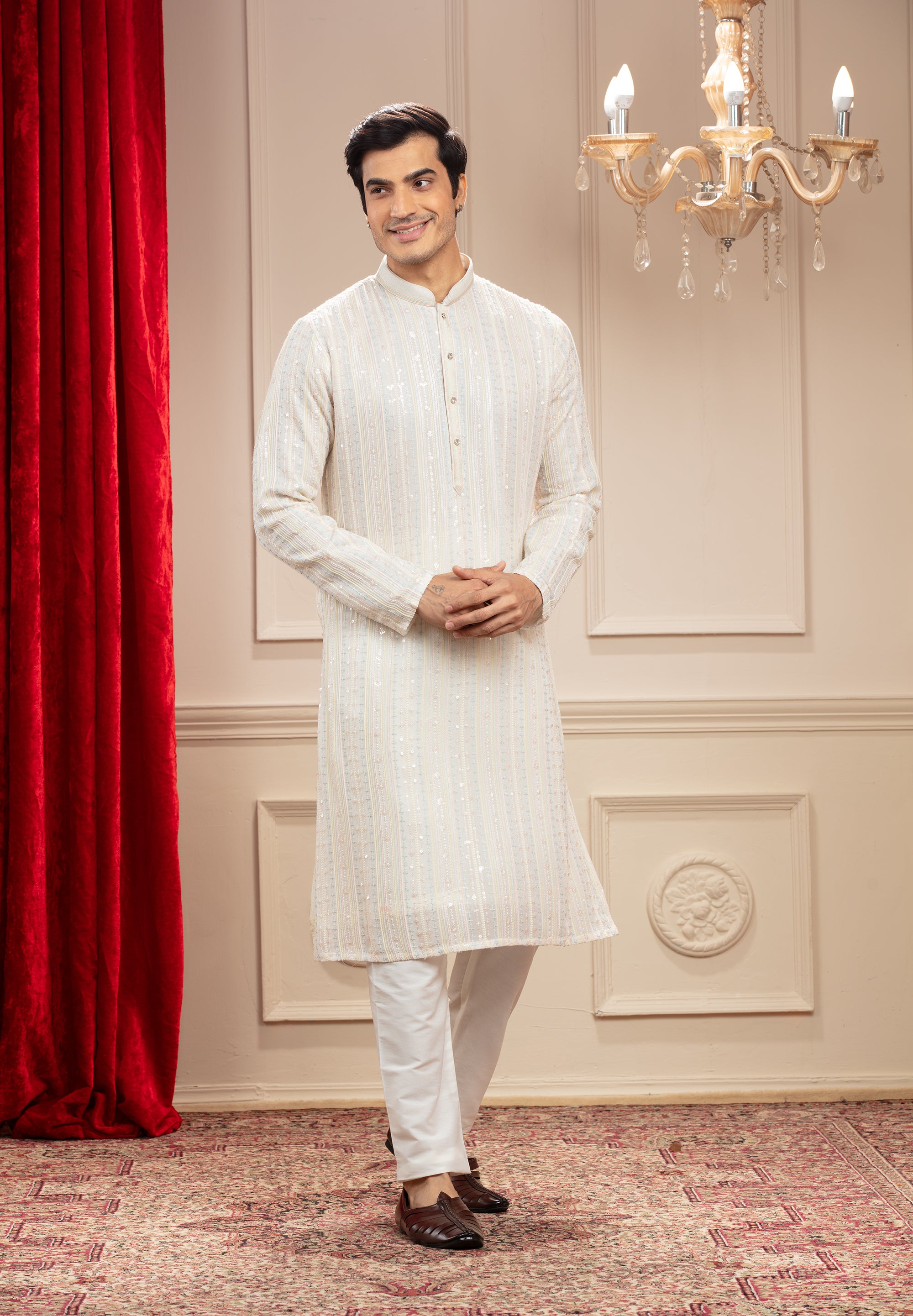 Cream White kurta pajama Set with all over sequin work