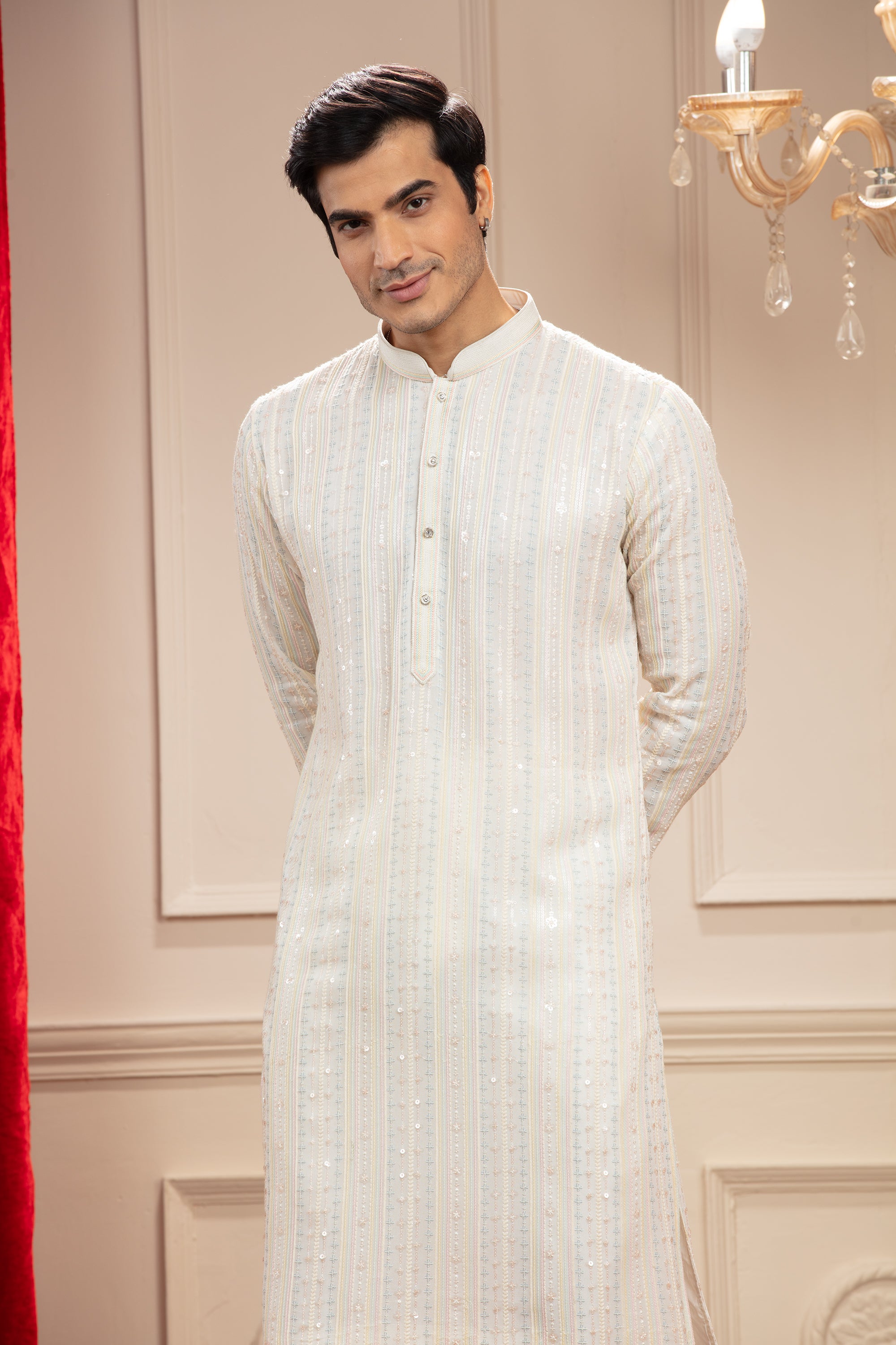 Cream White kurta pajama Set with all over sequin work