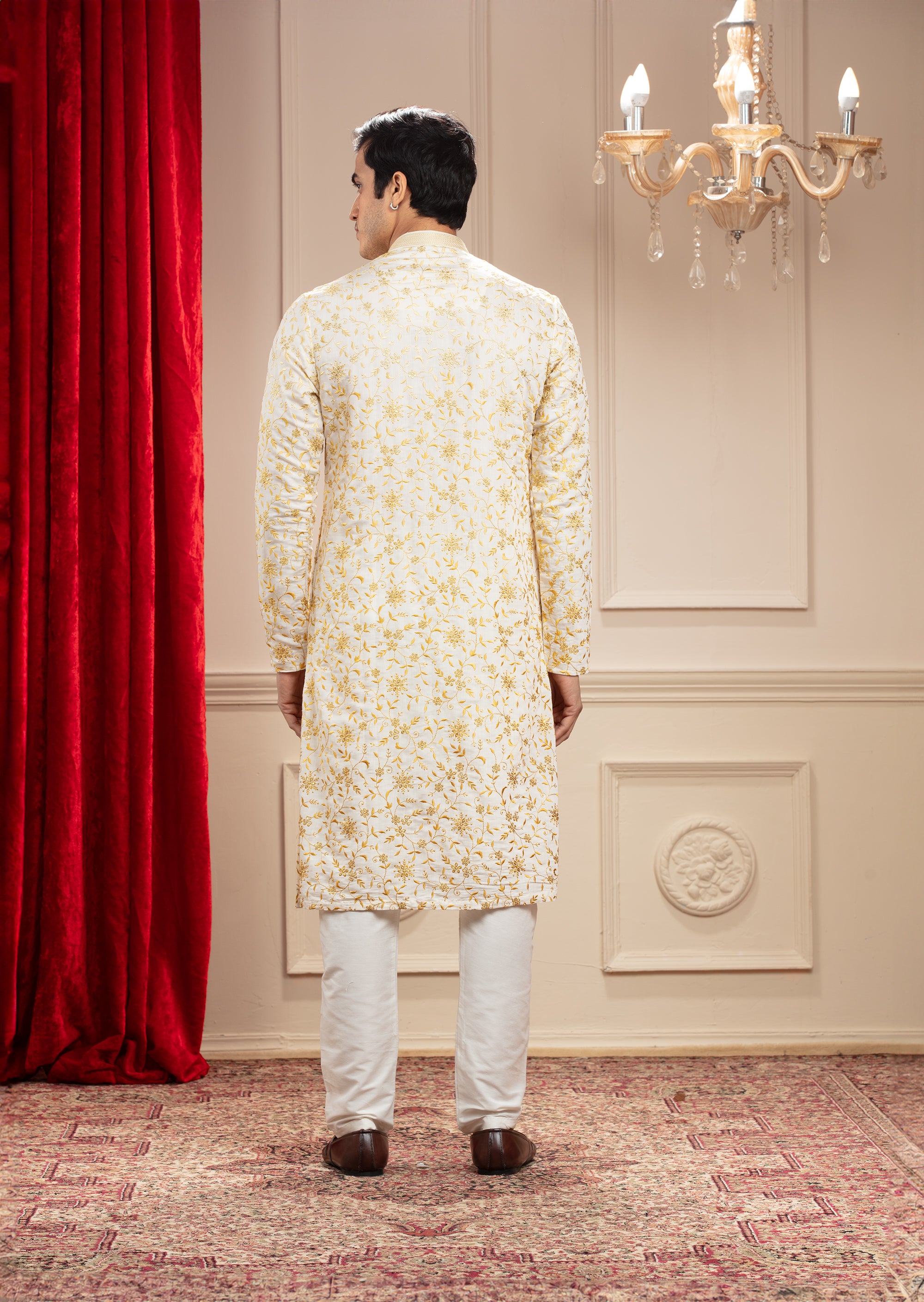 Milky White and golden kurta pajama with all over resham work
