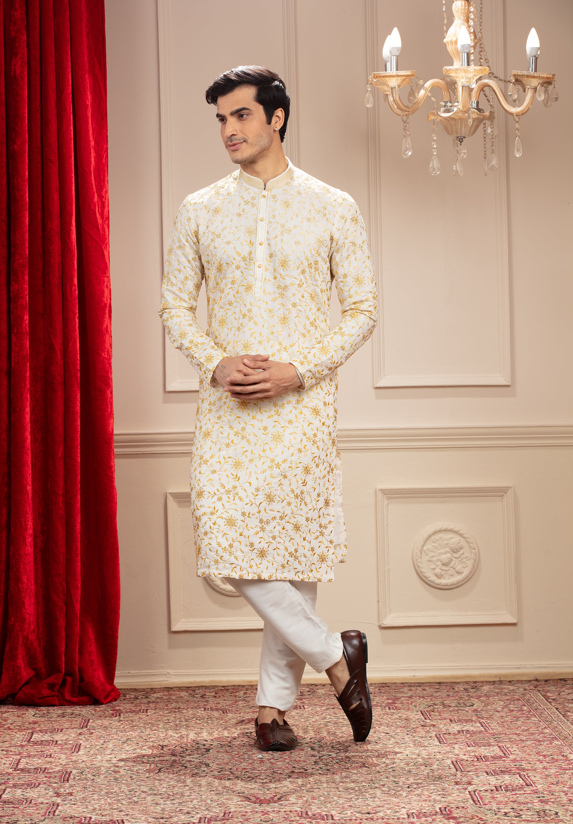 Milky White and golden kurta pajama with all over resham work