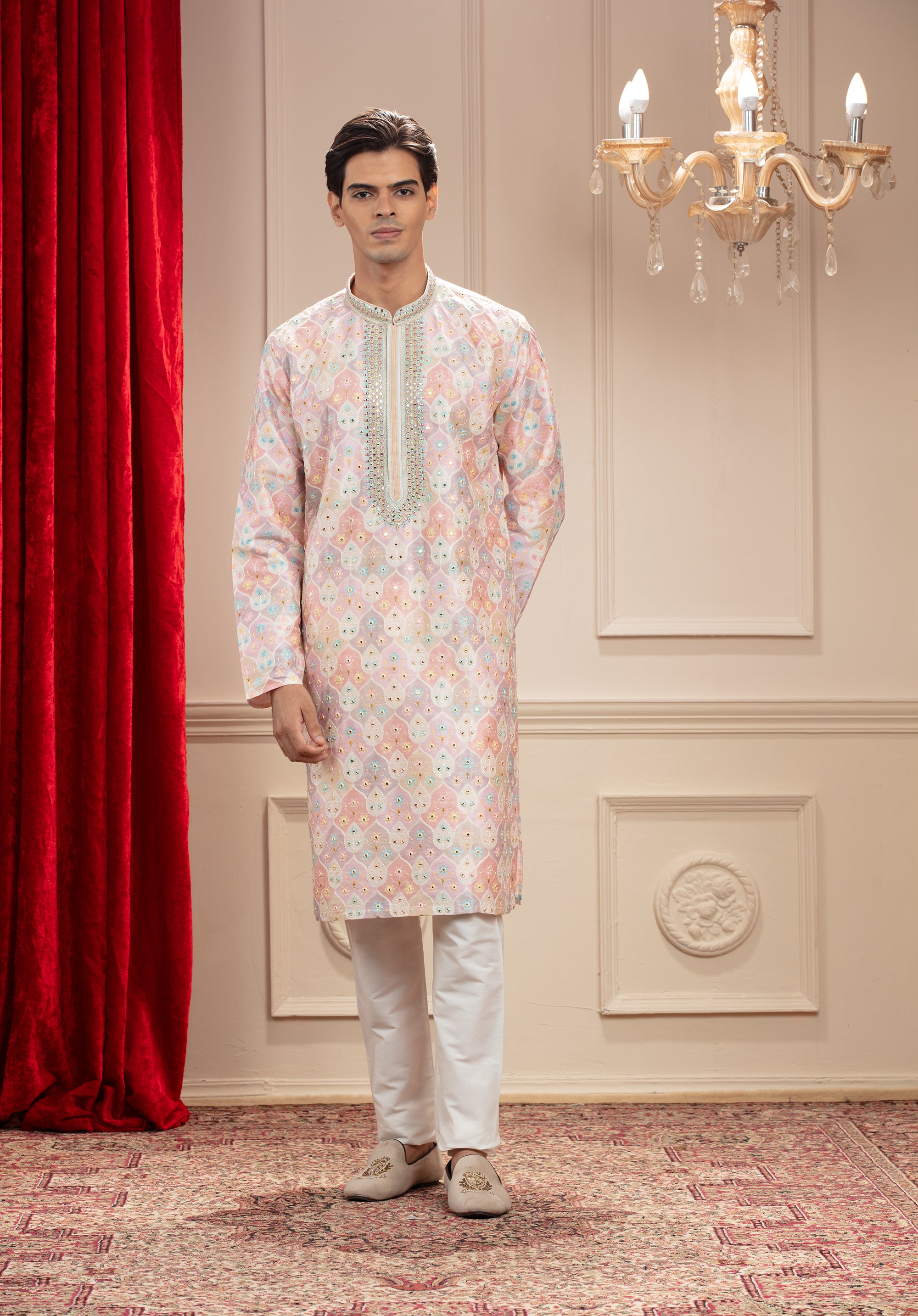 Multicolour kurta pajama Set with hand embroidery on neck