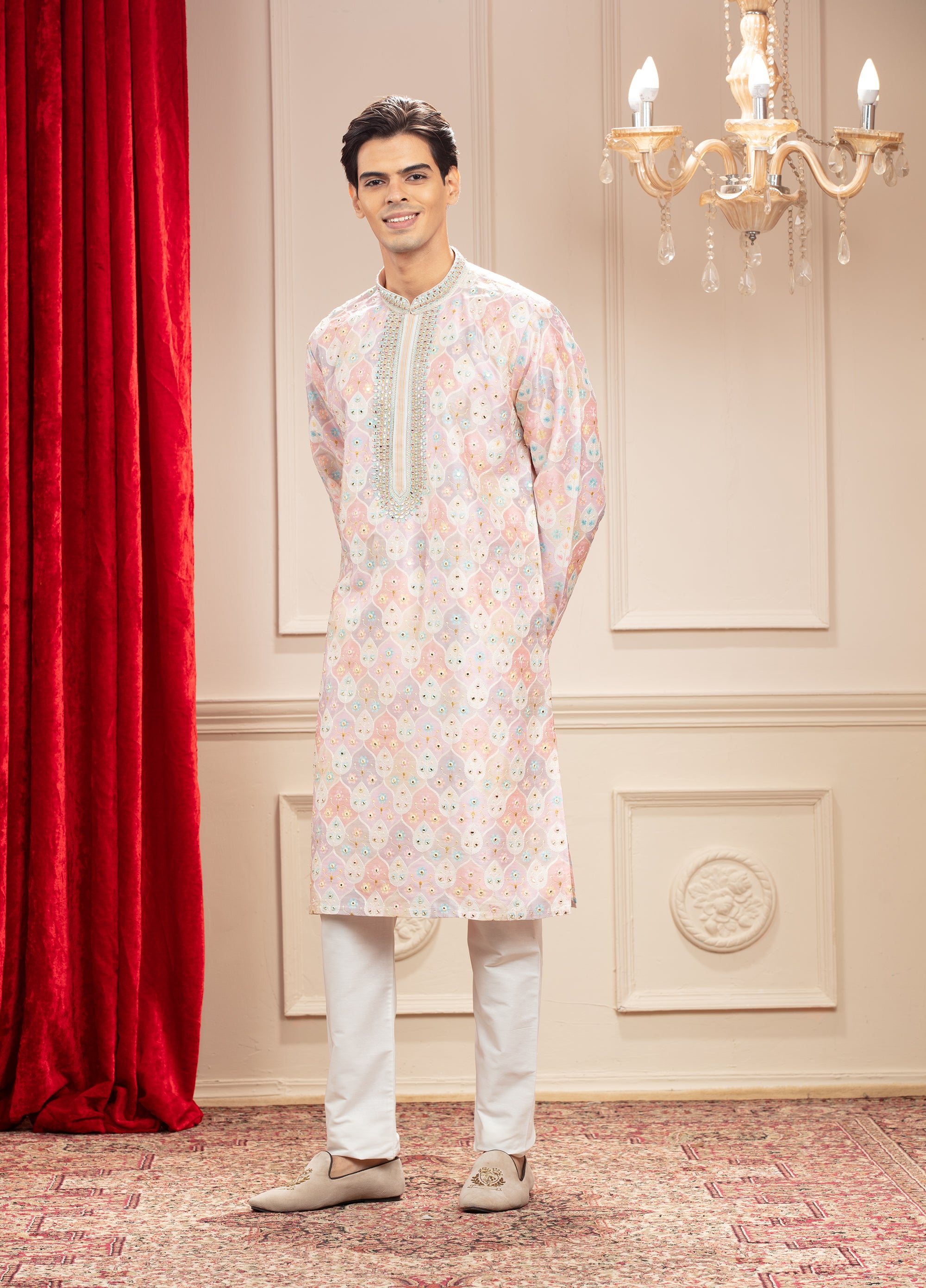 Multicolour kurta pajama Set with hand embroidery on neck