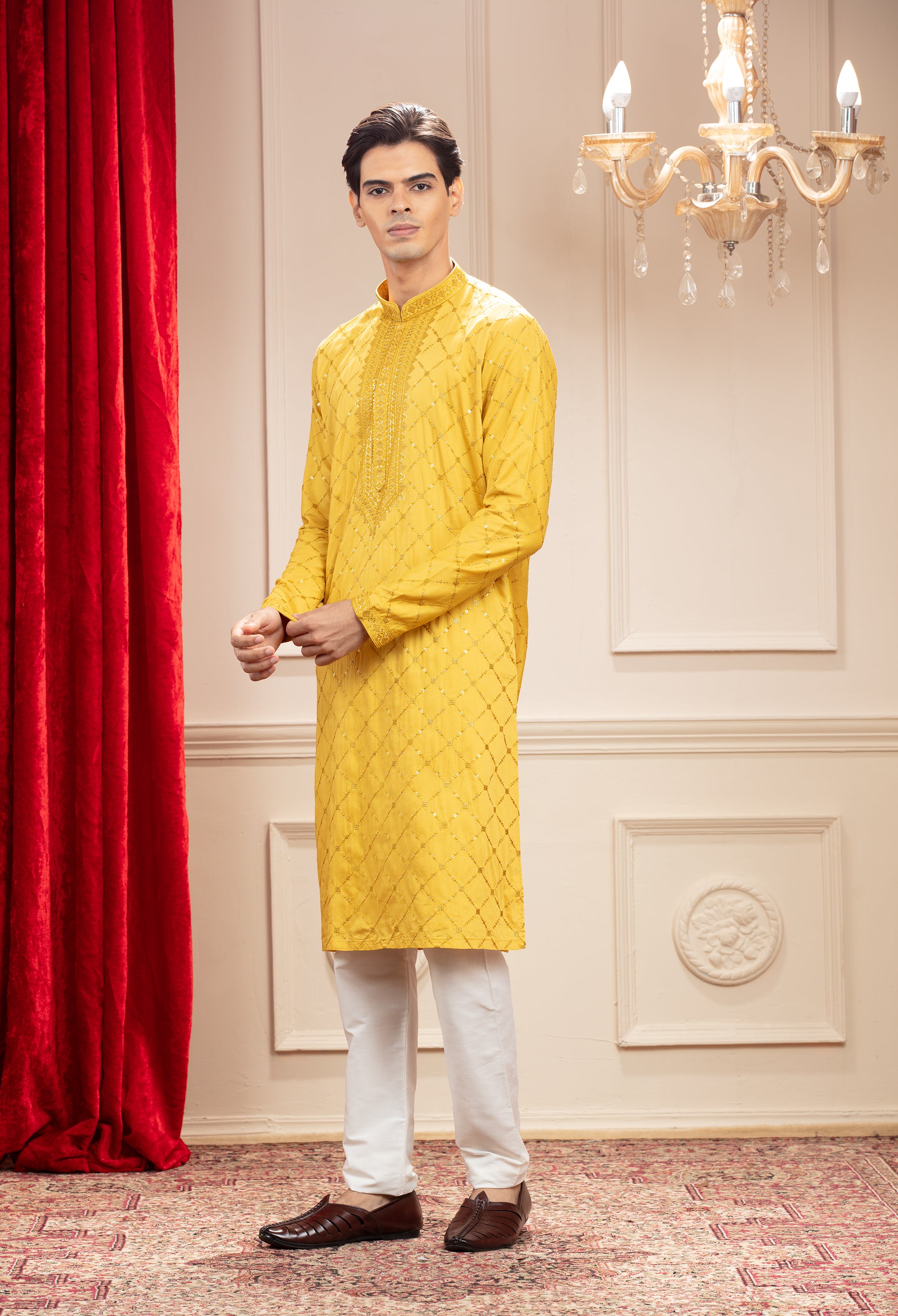 Golden Yellow kurta pajama set with mirror and sequins work in silk