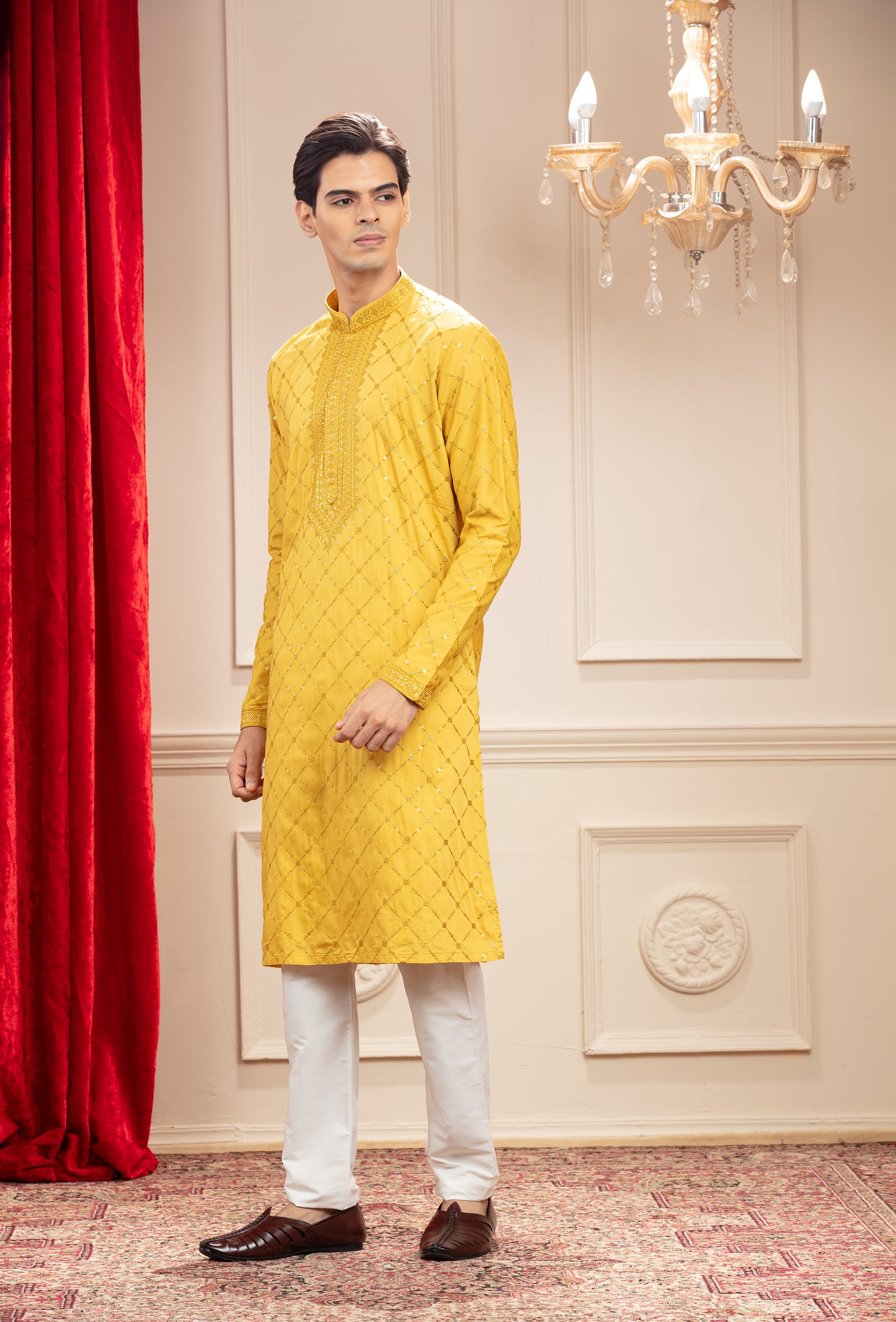 Golden Yellow kurta pajama set with mirror and sequins work in silk