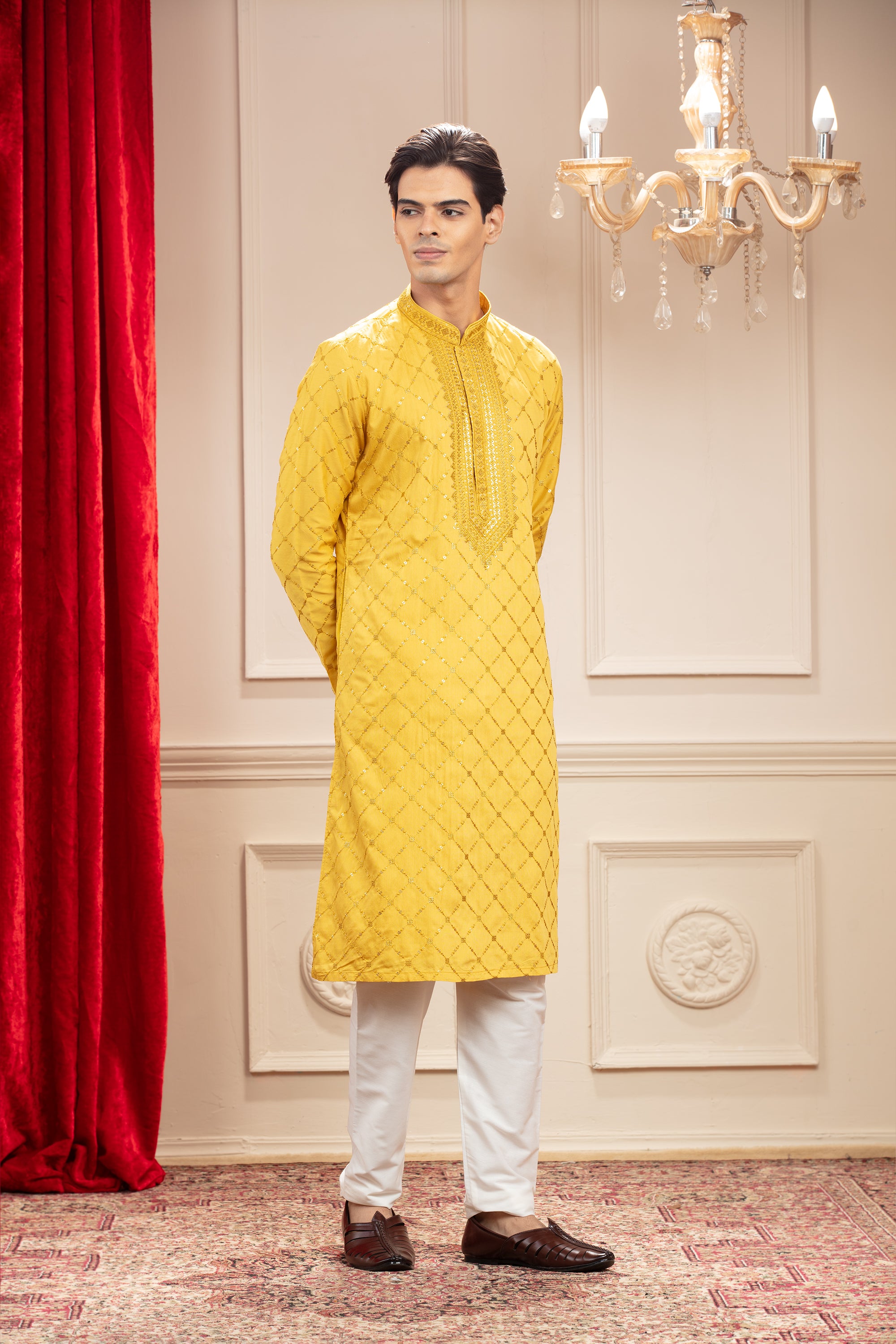 Golden Yellow kurta pajama set with mirror and sequins work in silk