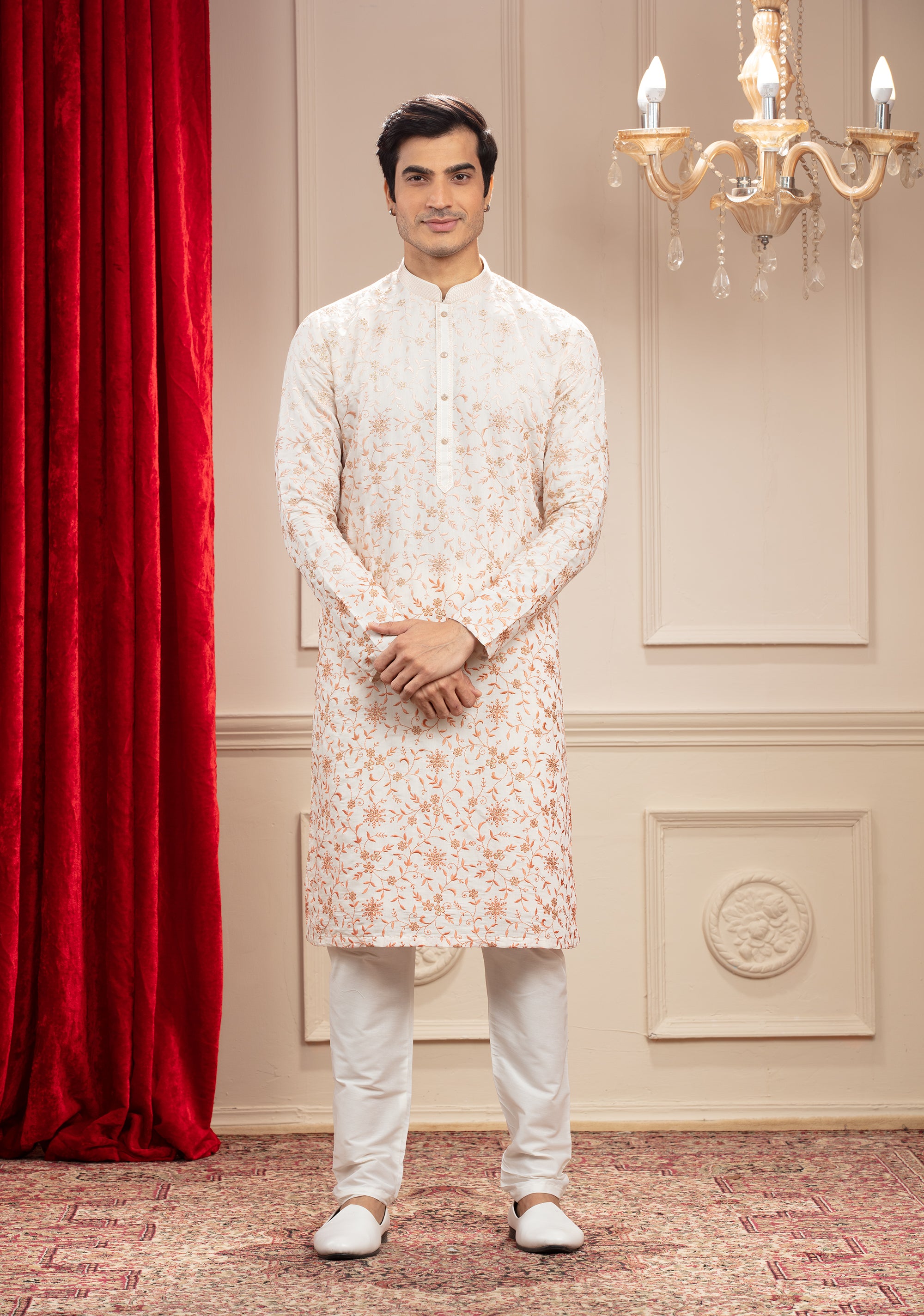 Off-White kurta with all over floral resham work and white pajama set in silk