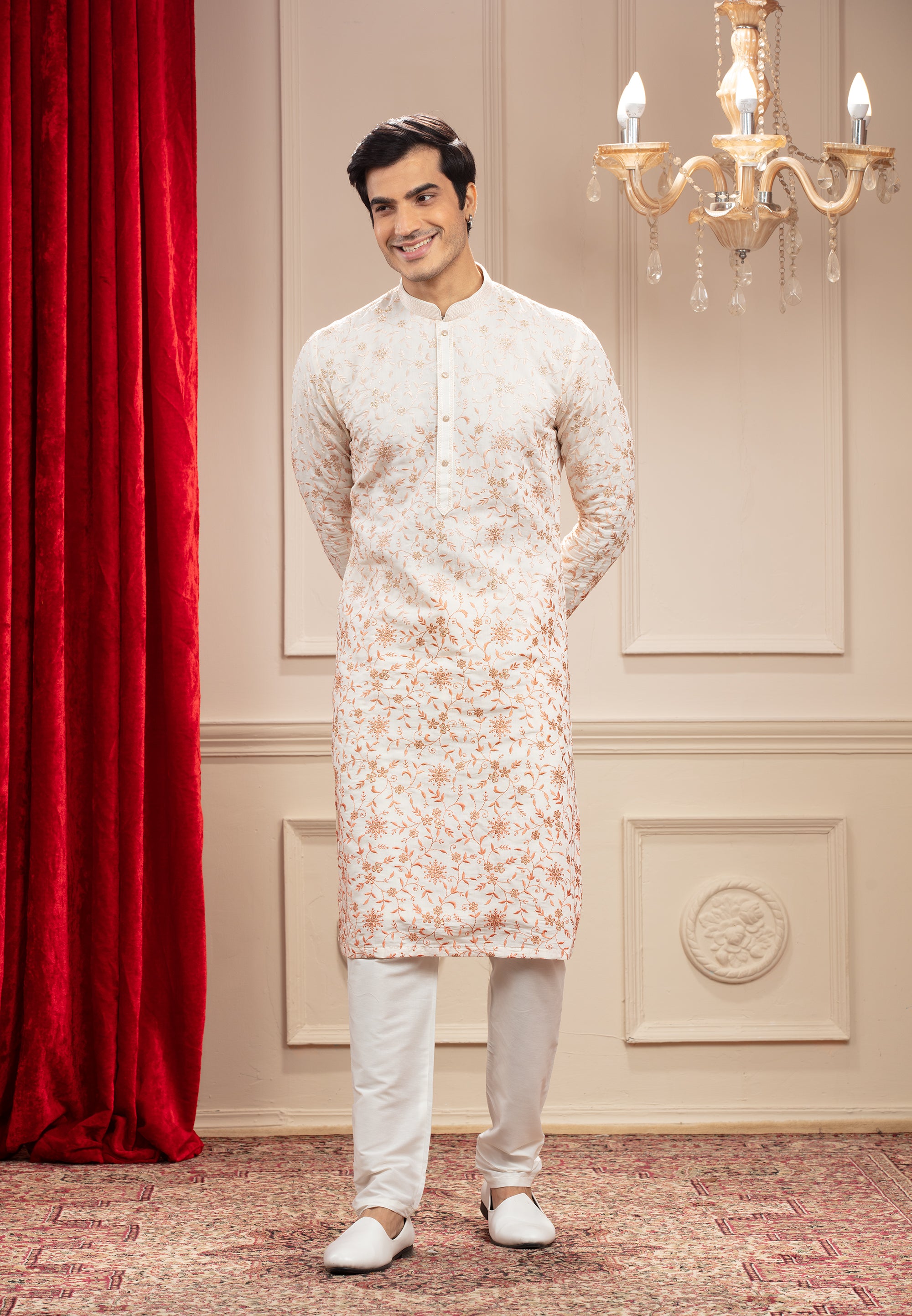 Off-White kurta with all over floral resham work and white pajama set in silk