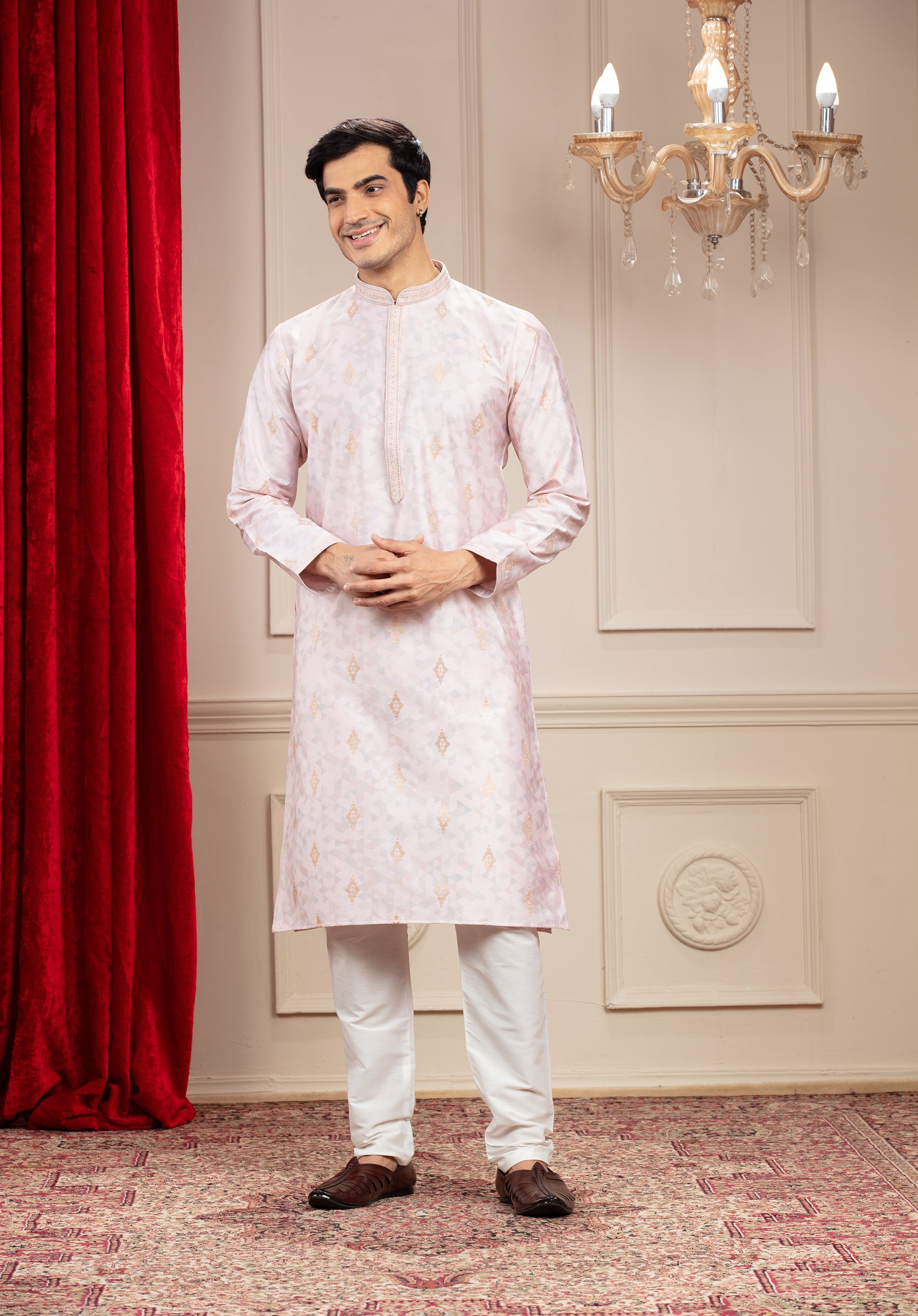 Rose White Printed Banarasi kurta pajama Set