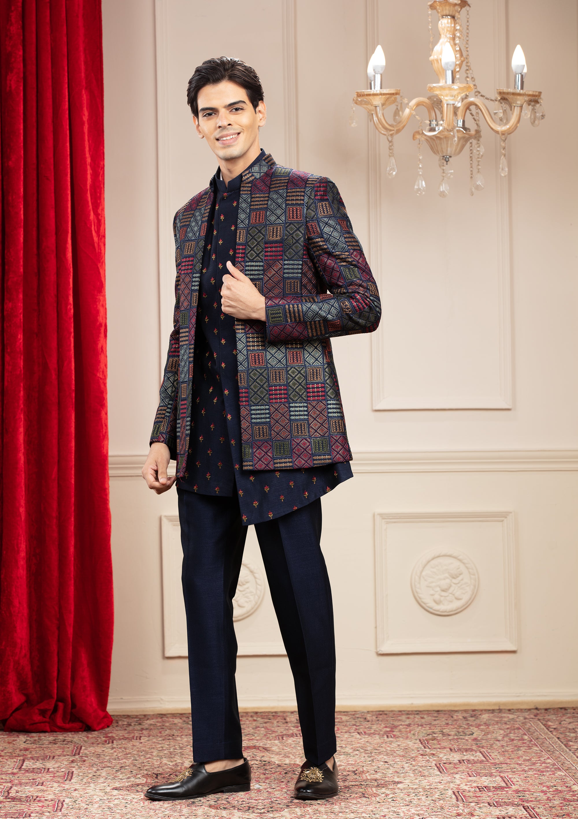 Multicolour Asymmetrical Open Jodhpuri with computer and resham embroidery