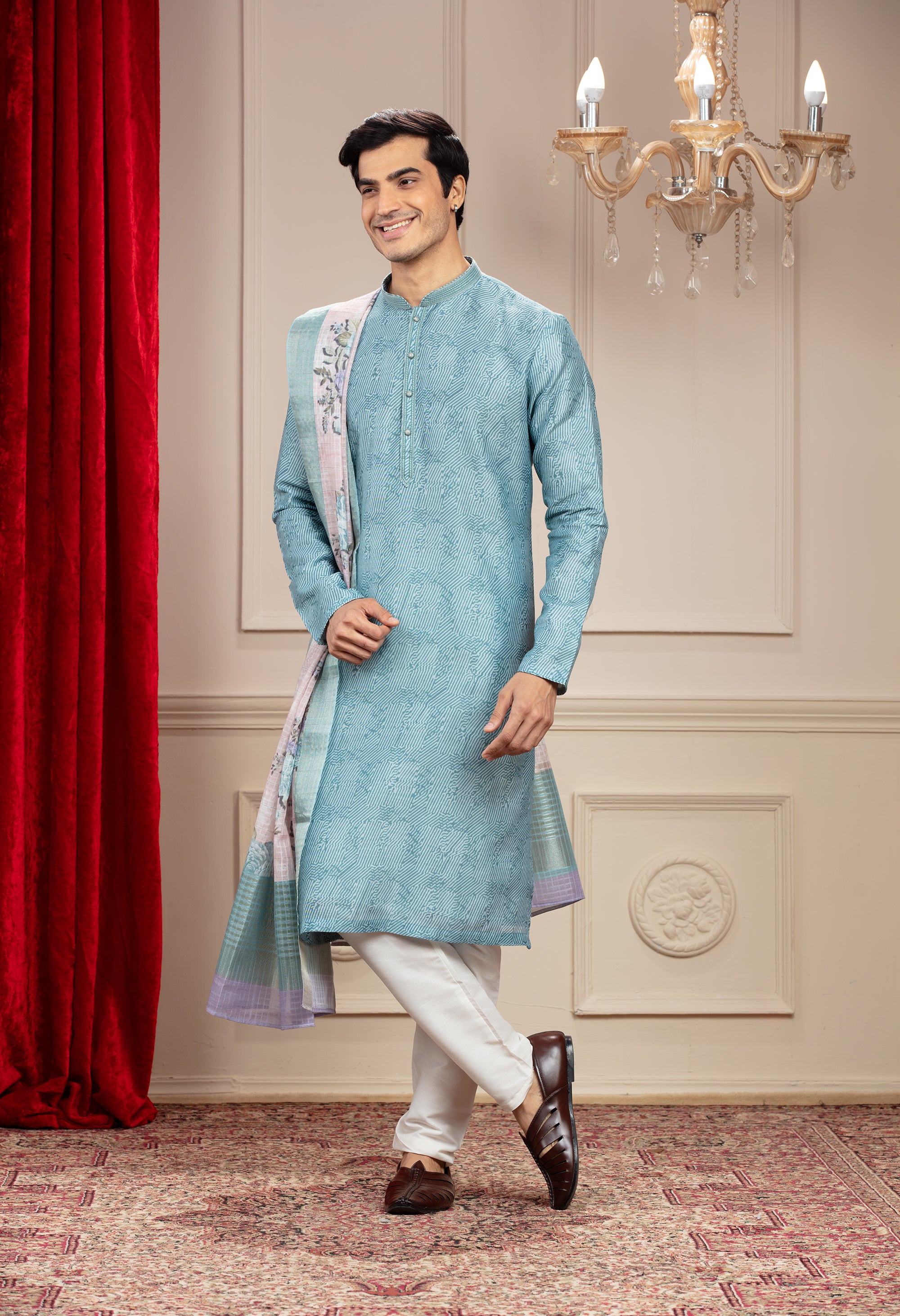 Ice Blue kurta with floral Dupatta and white trousers