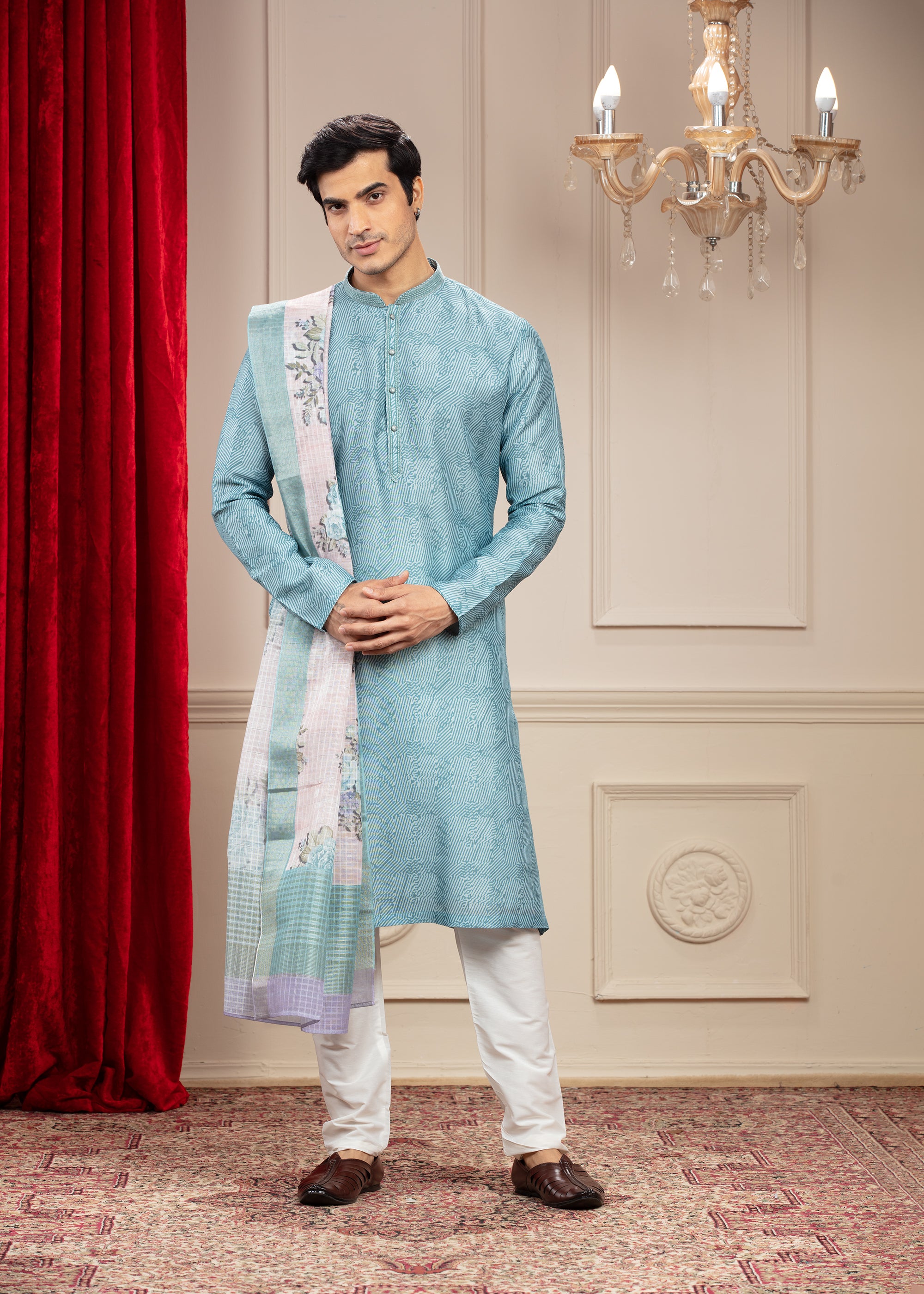 Ice Blue kurta with floral Dupatta and white trousers