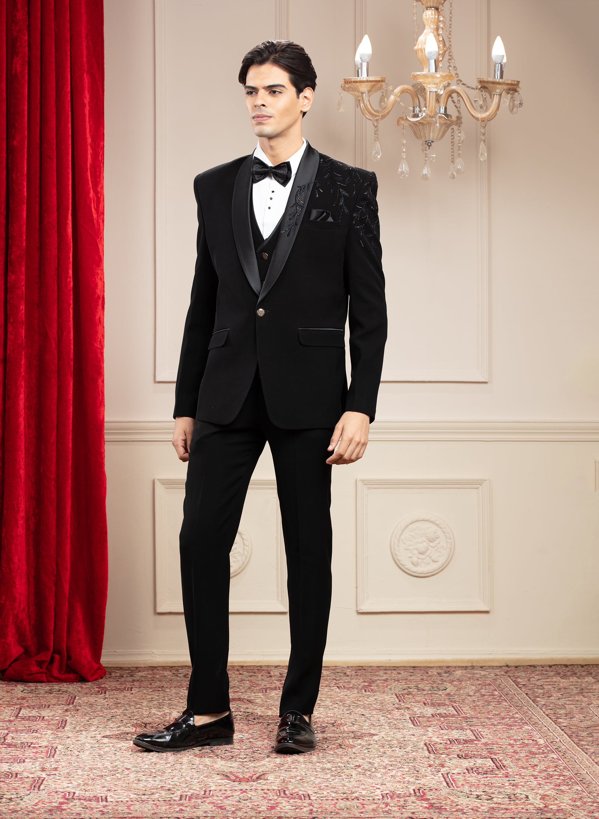 Jet Black Tuxedo with hand embroidery and bow tie
