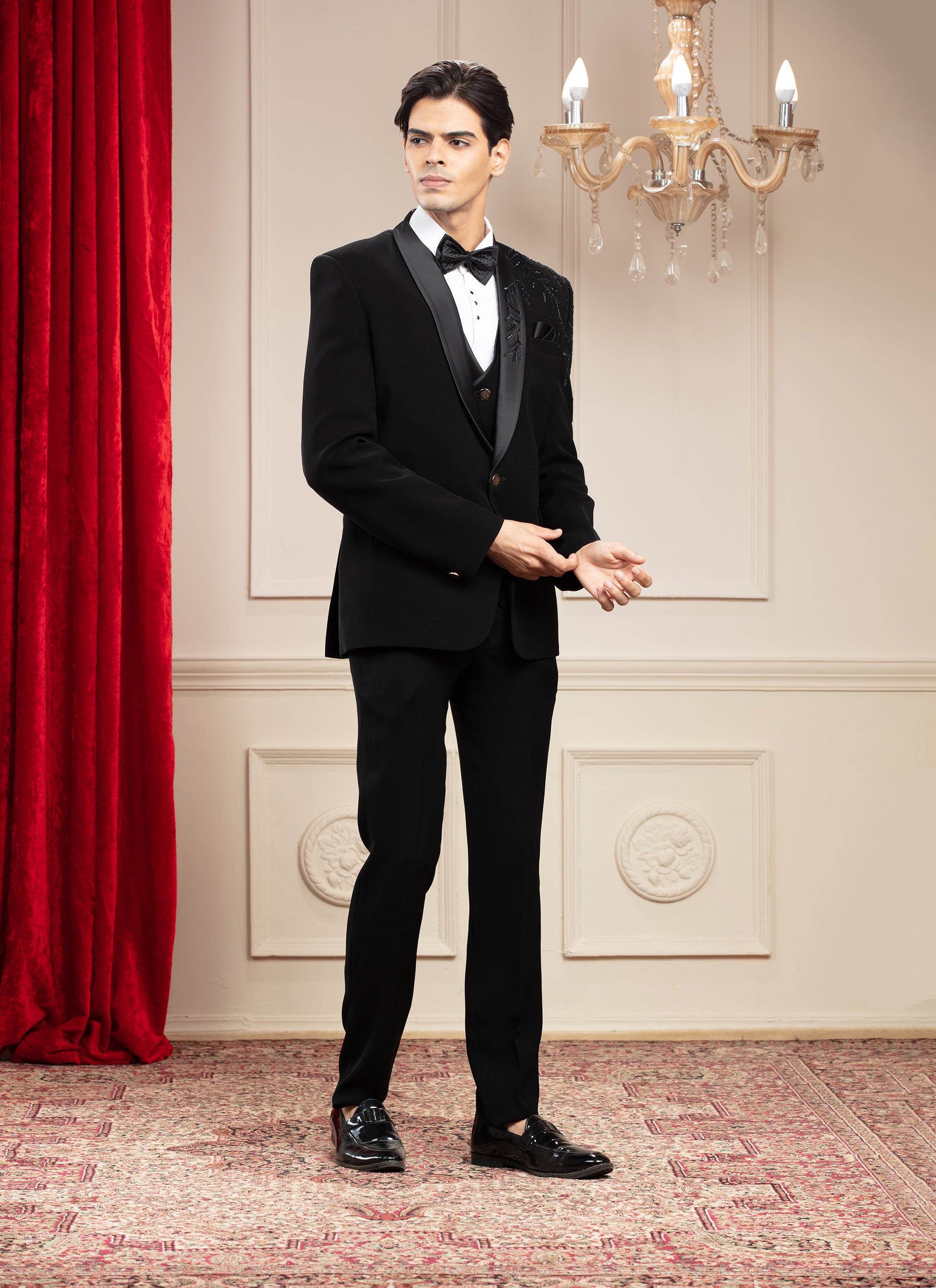 Jet Black Tuxedo with hand embroidery and bow tie