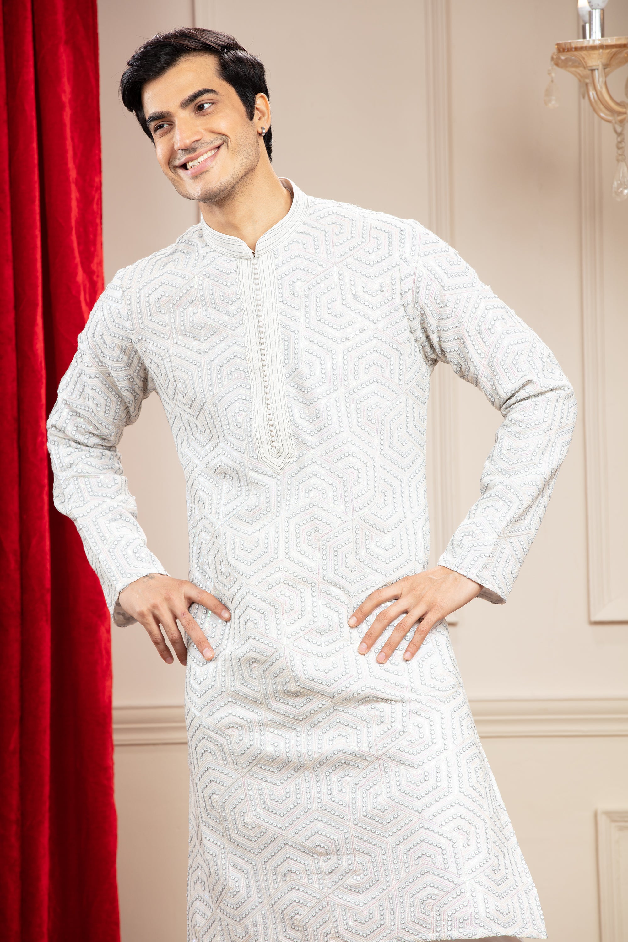 Greyish White kurta pajama Set with coloured sequins work