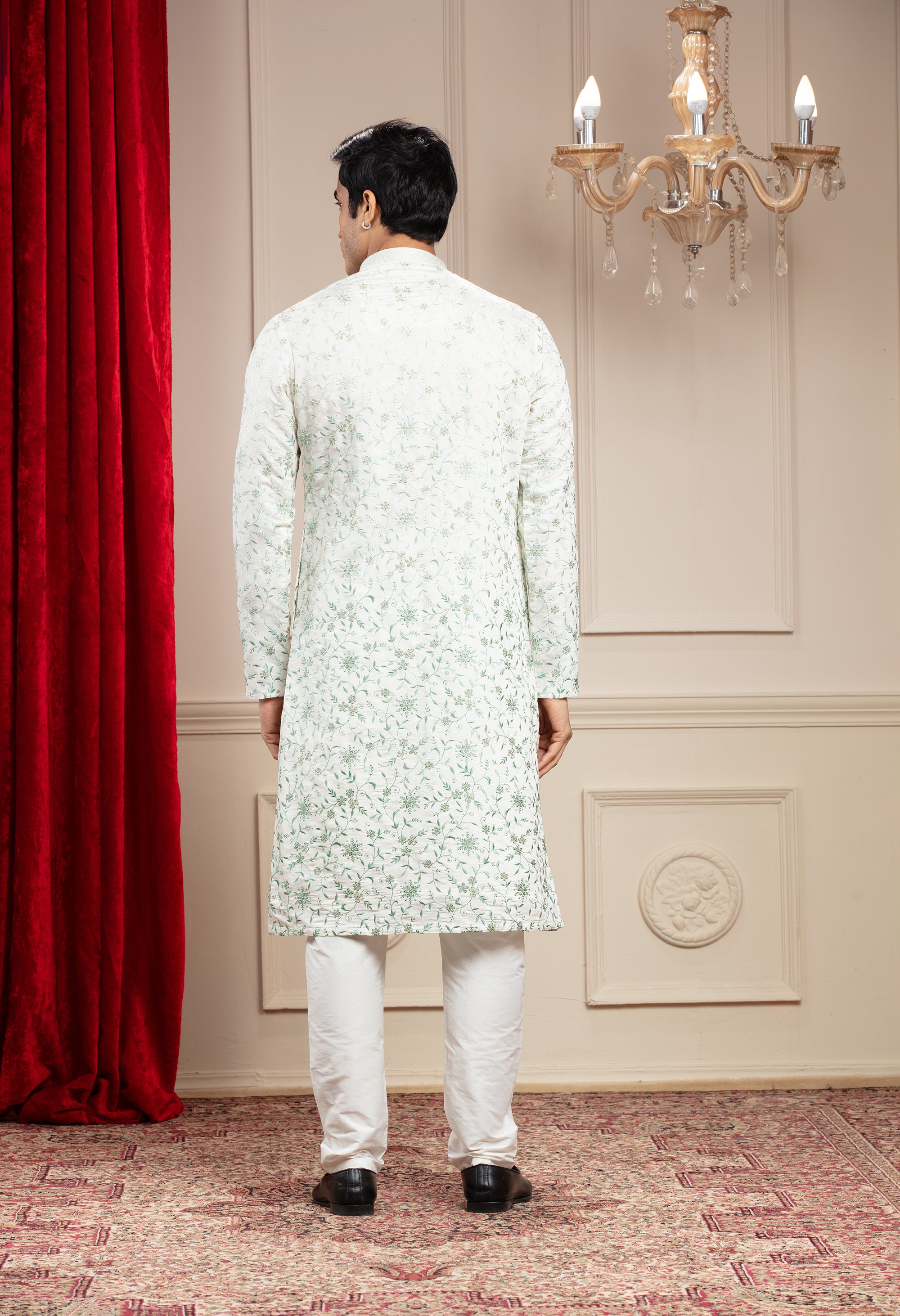 Alabaster white kurta pajama set with all over resham work