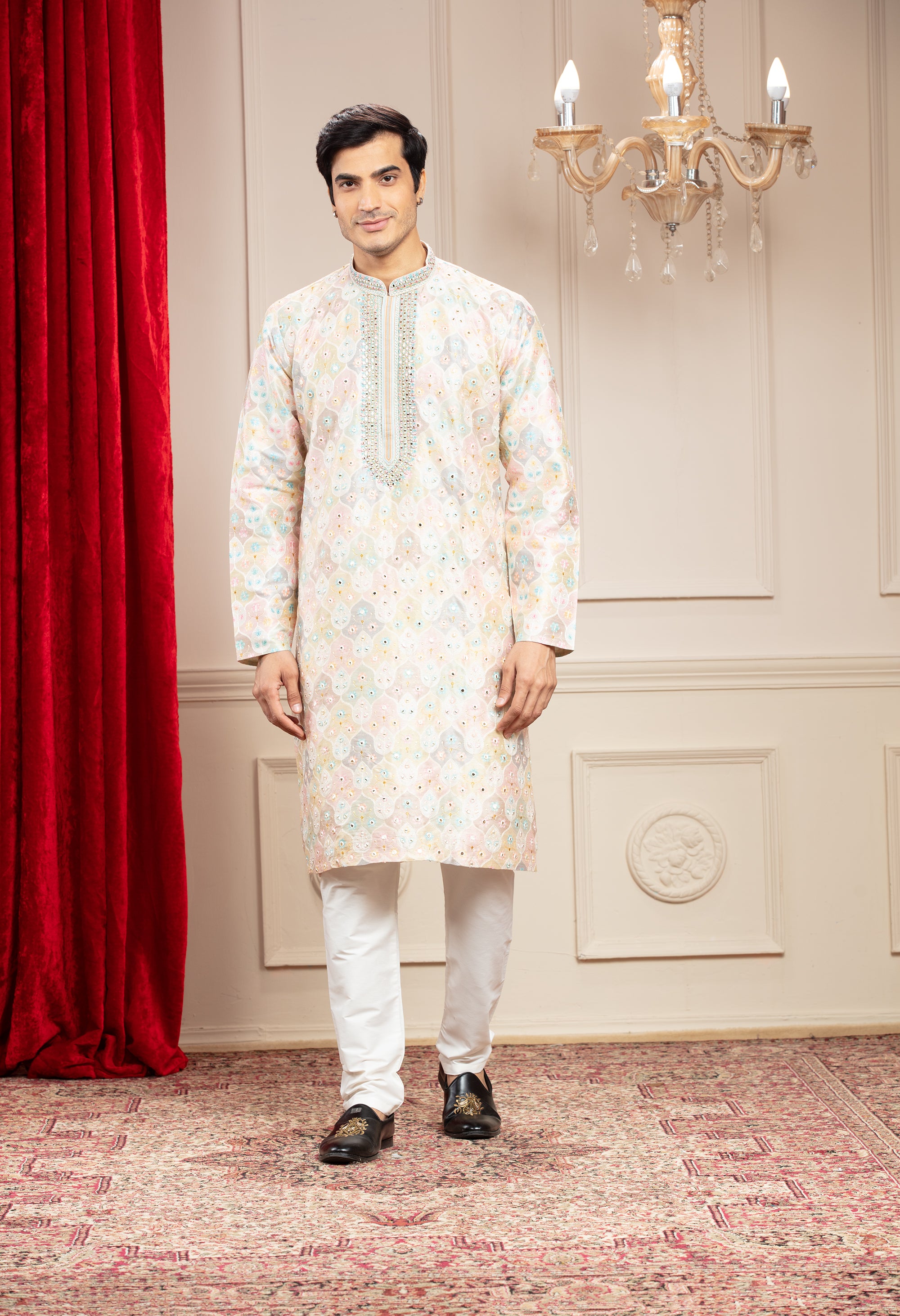 Multicoloured Banarasi kurta pajama with position print and mirror work