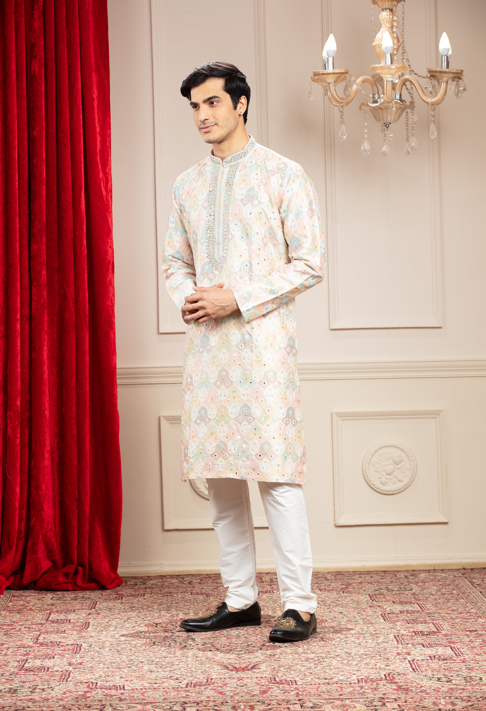 Multicoloured Banarasi kurta pajama with position print and mirror work