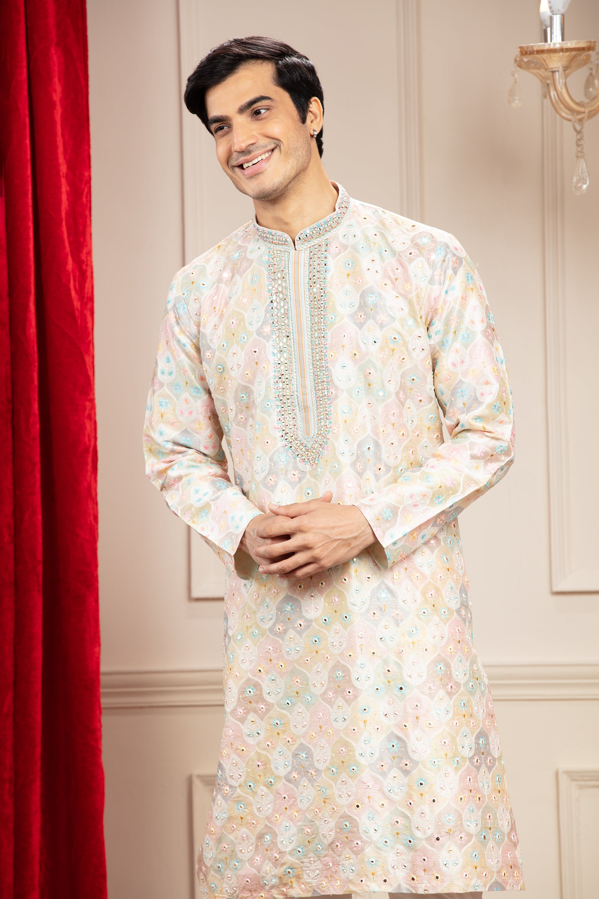 Multicoloured Banarasi kurta pajama with position print and mirror work