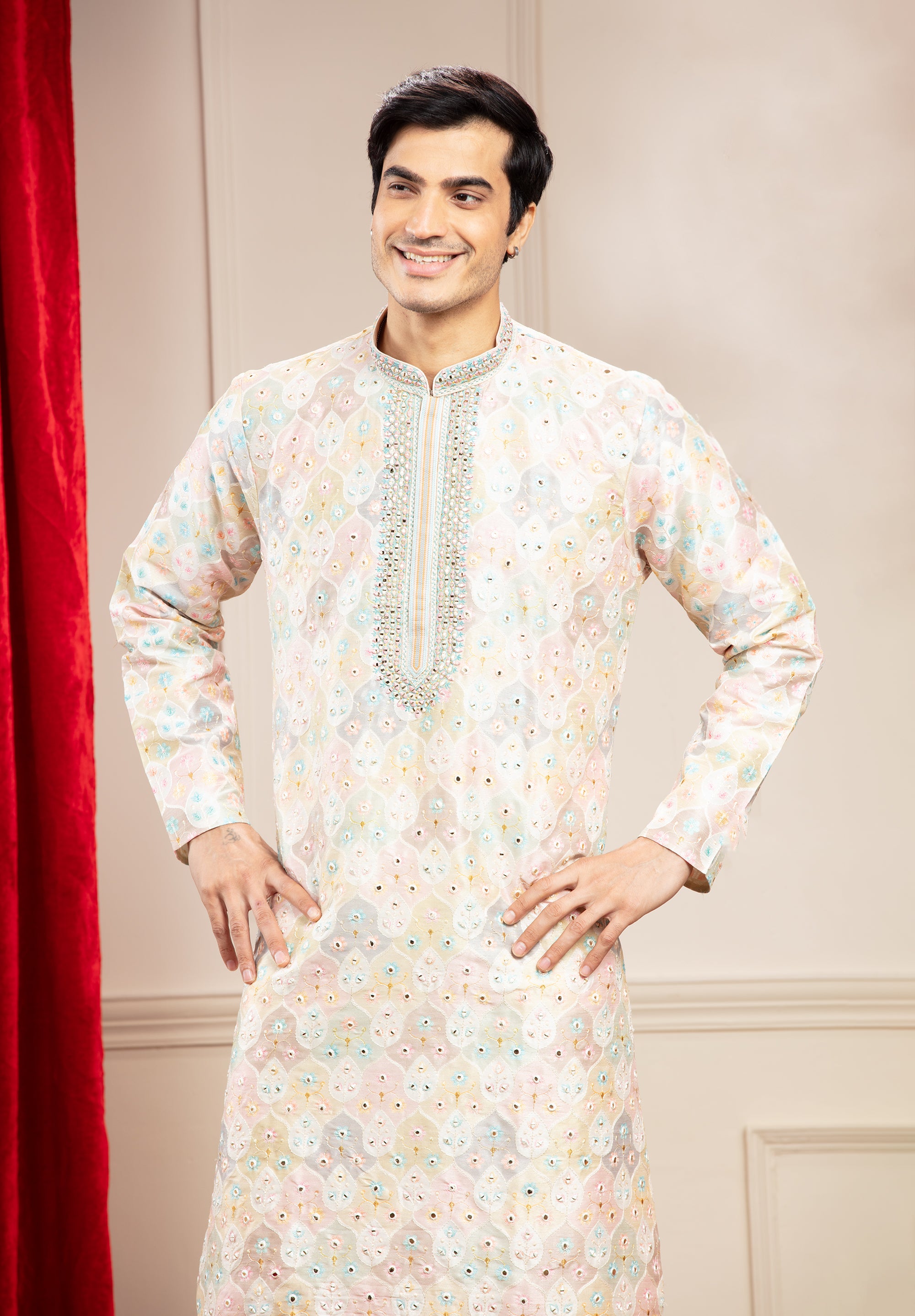Multicoloured Banarasi kurta pajama with position print and mirror work