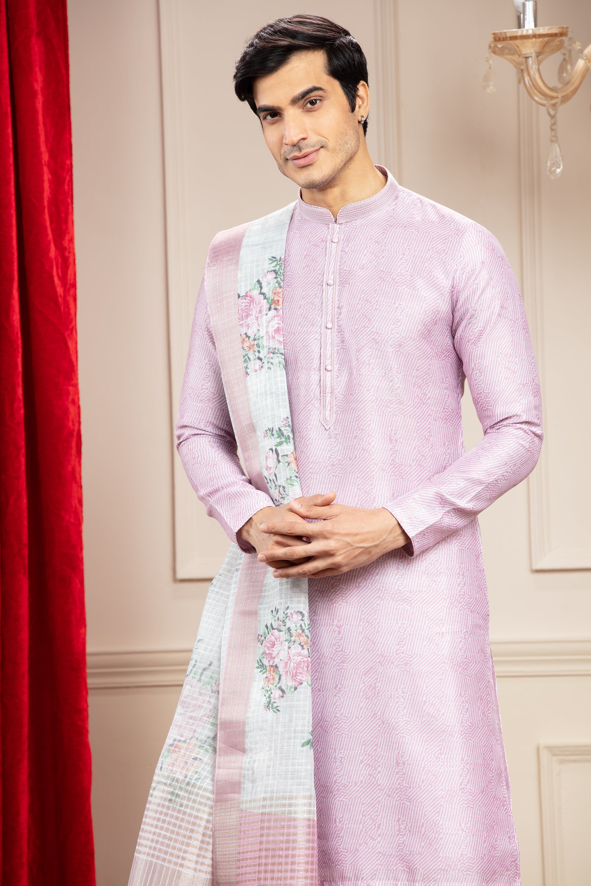 Lilac kurta with floral Dupatta and white trousers