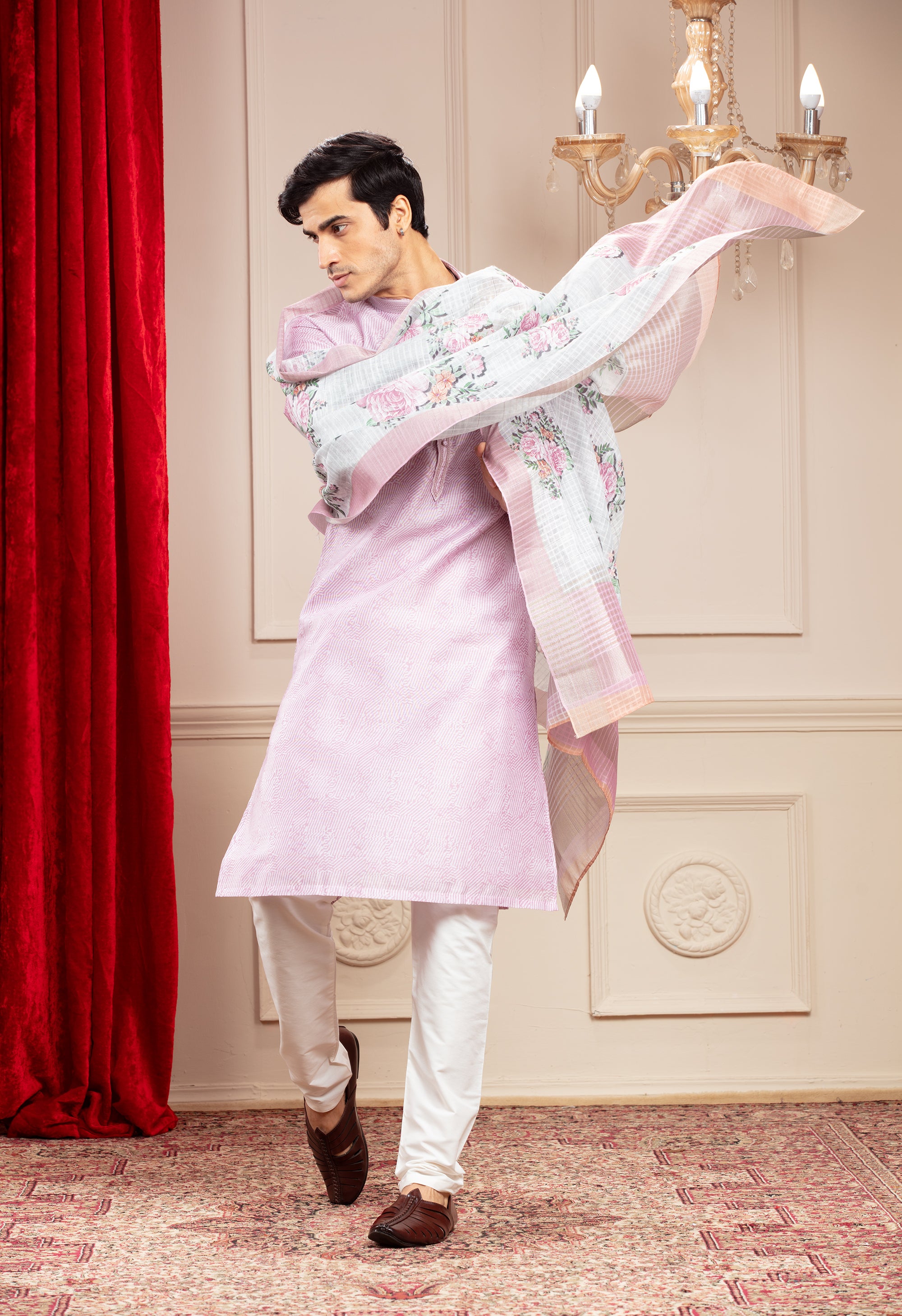 Lilac kurta with floral Dupatta and white trousers