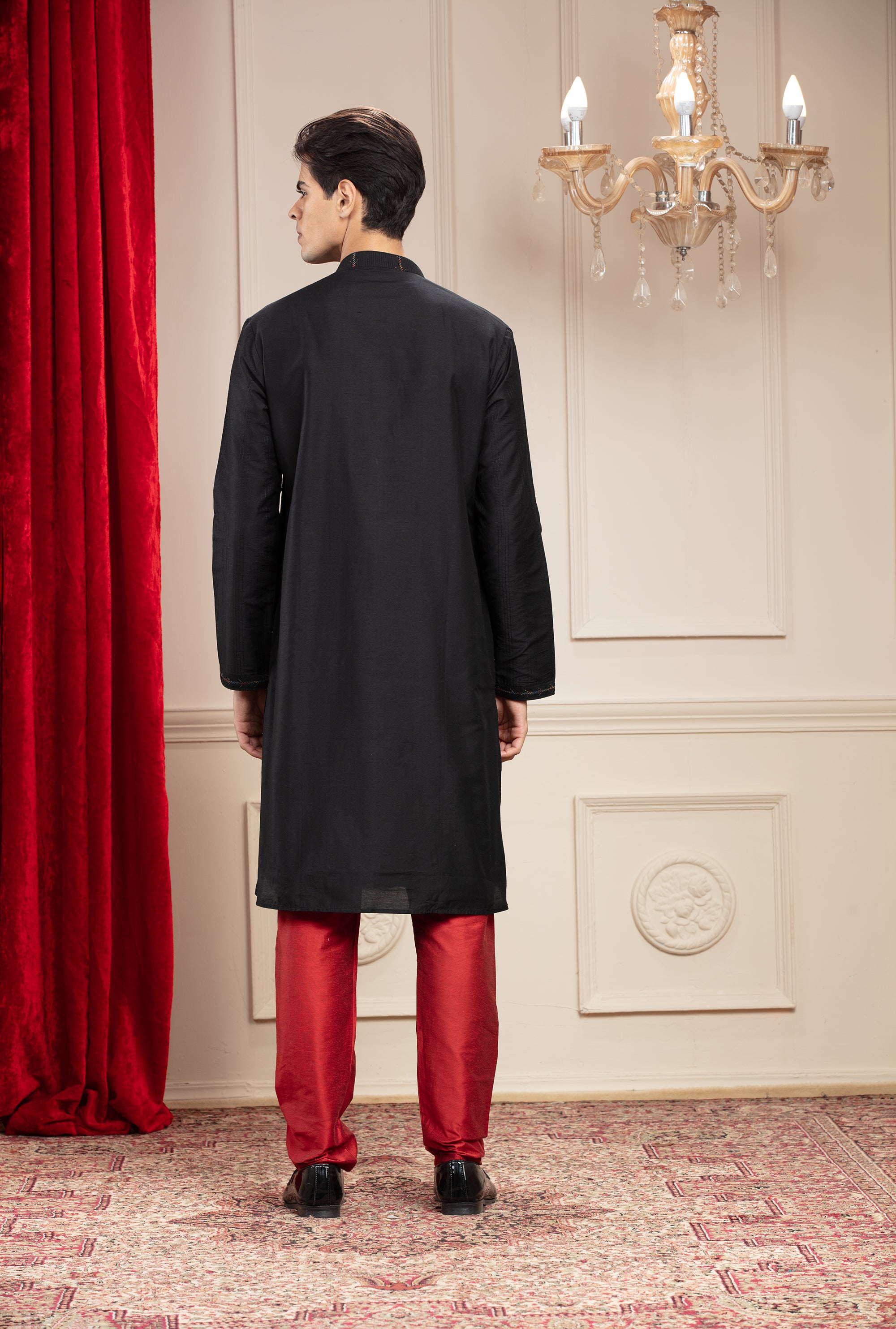 Black Full sleeves Kurta with Thread work & Red pajama