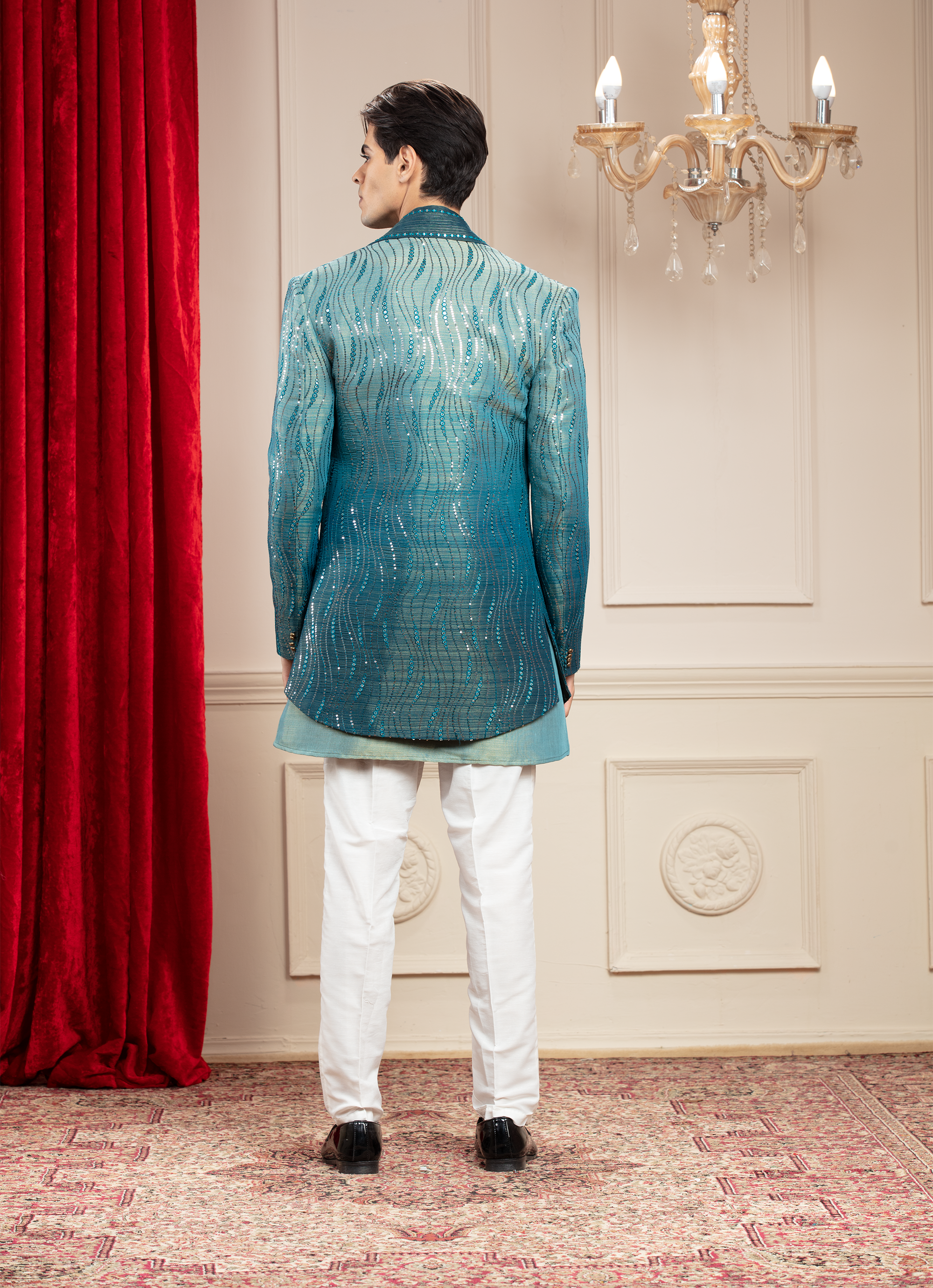 Teal Ombre Open Jodhpuri Set with sequins work and matching Dupatta
