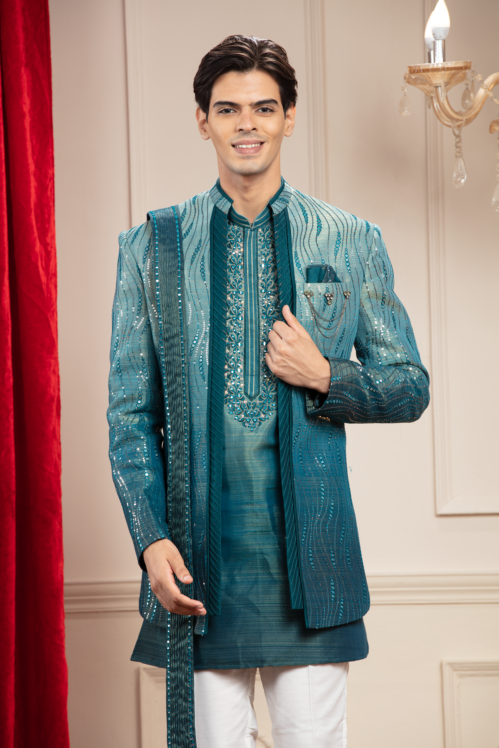 Teal Ombre Open Jodhpuri Set with sequins work and matching Dupatta