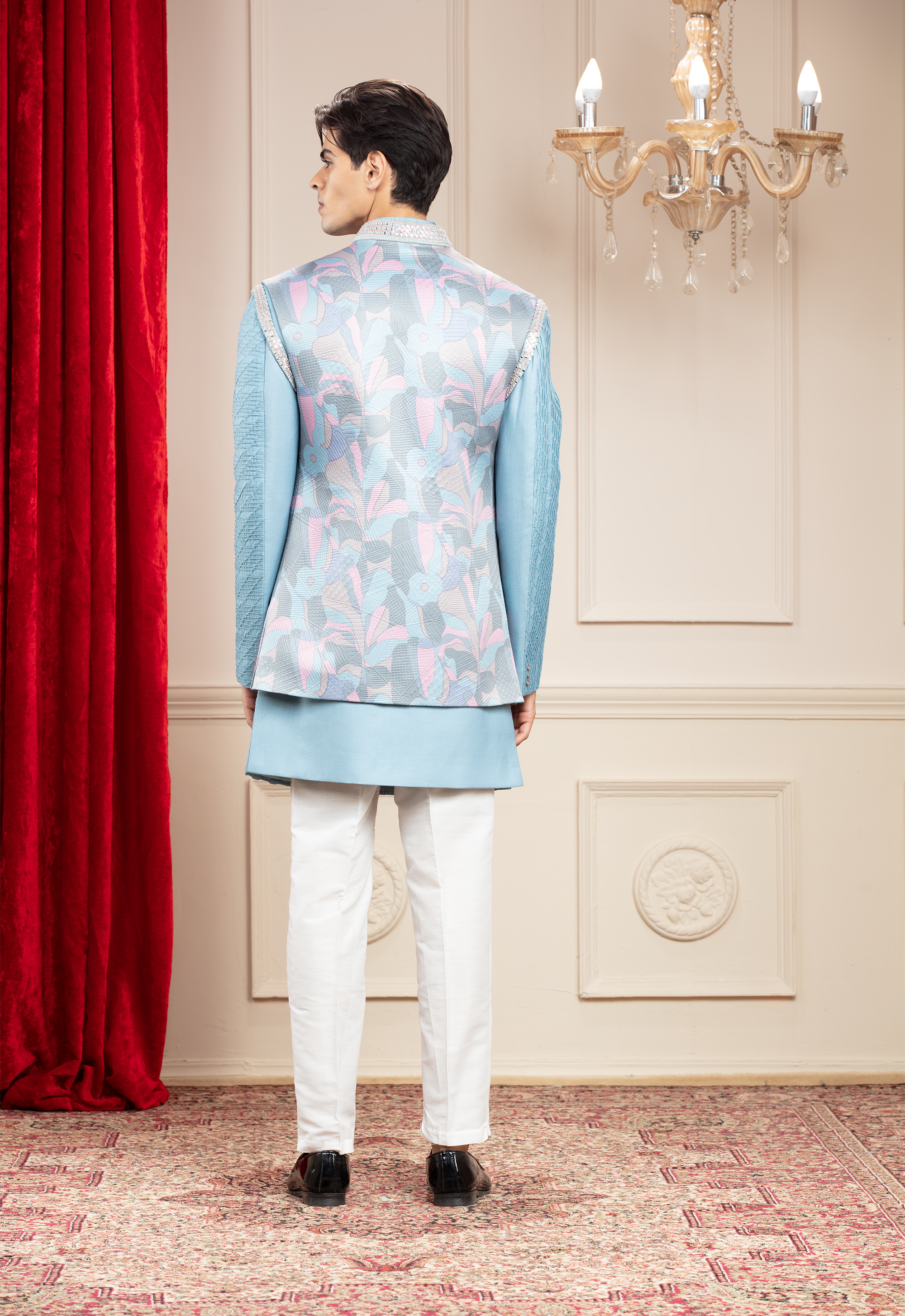 Firozi Blue Open Indo Western with floral jacket and resham self work