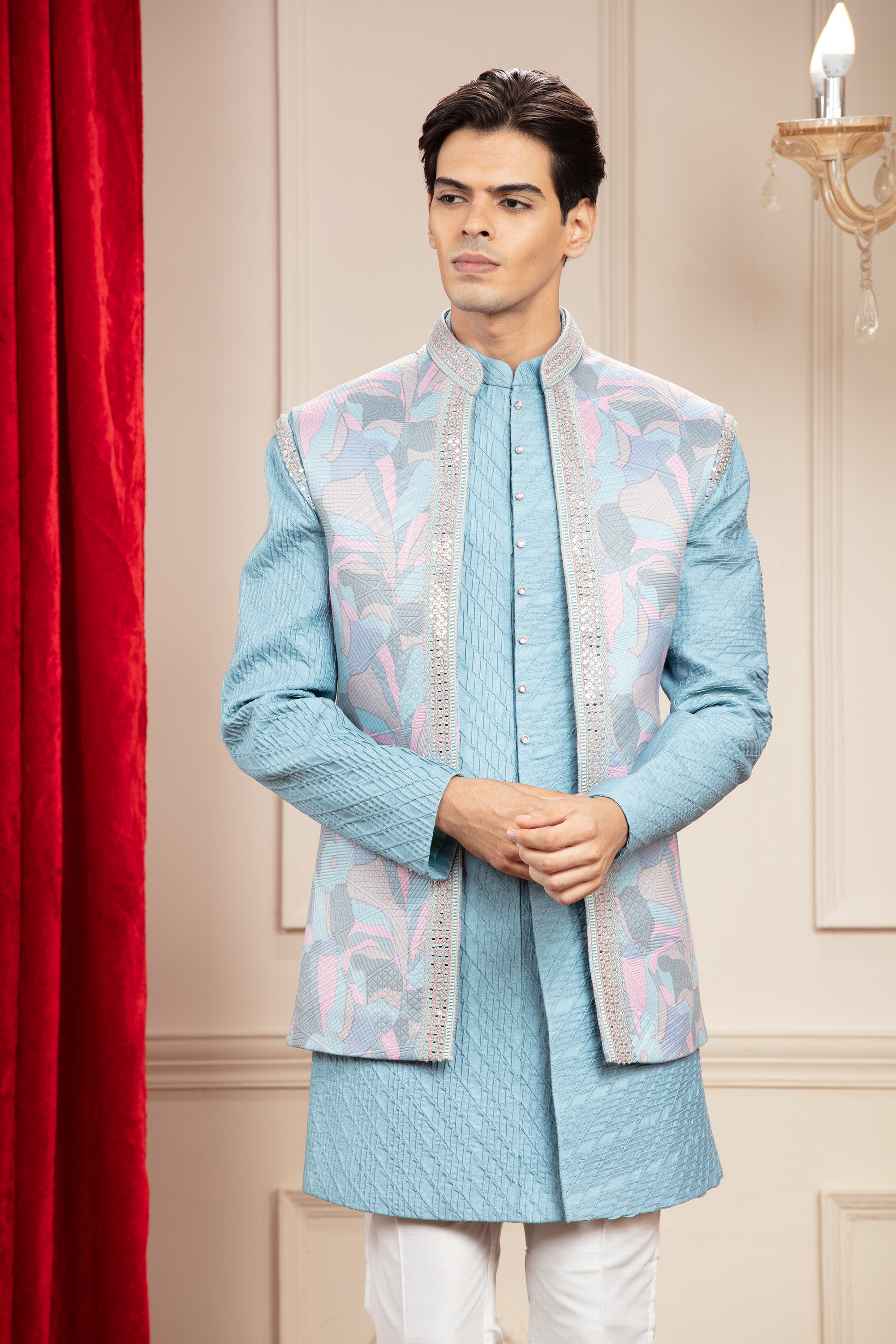 Firozi Blue Open Indo Western with floral jacket and resham self work