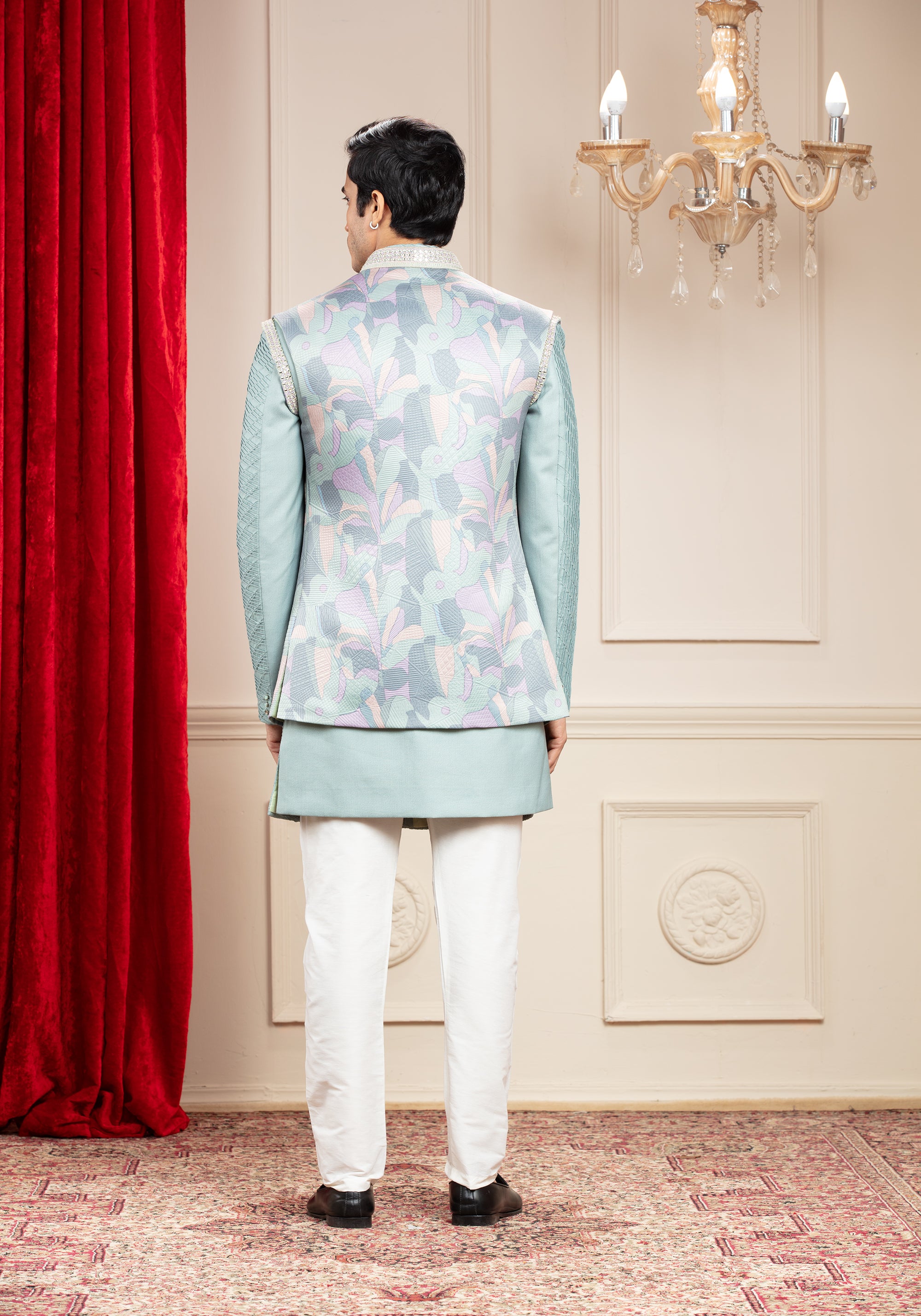 Pastel sea green Open Indo Western with floral jacket and resham self work
