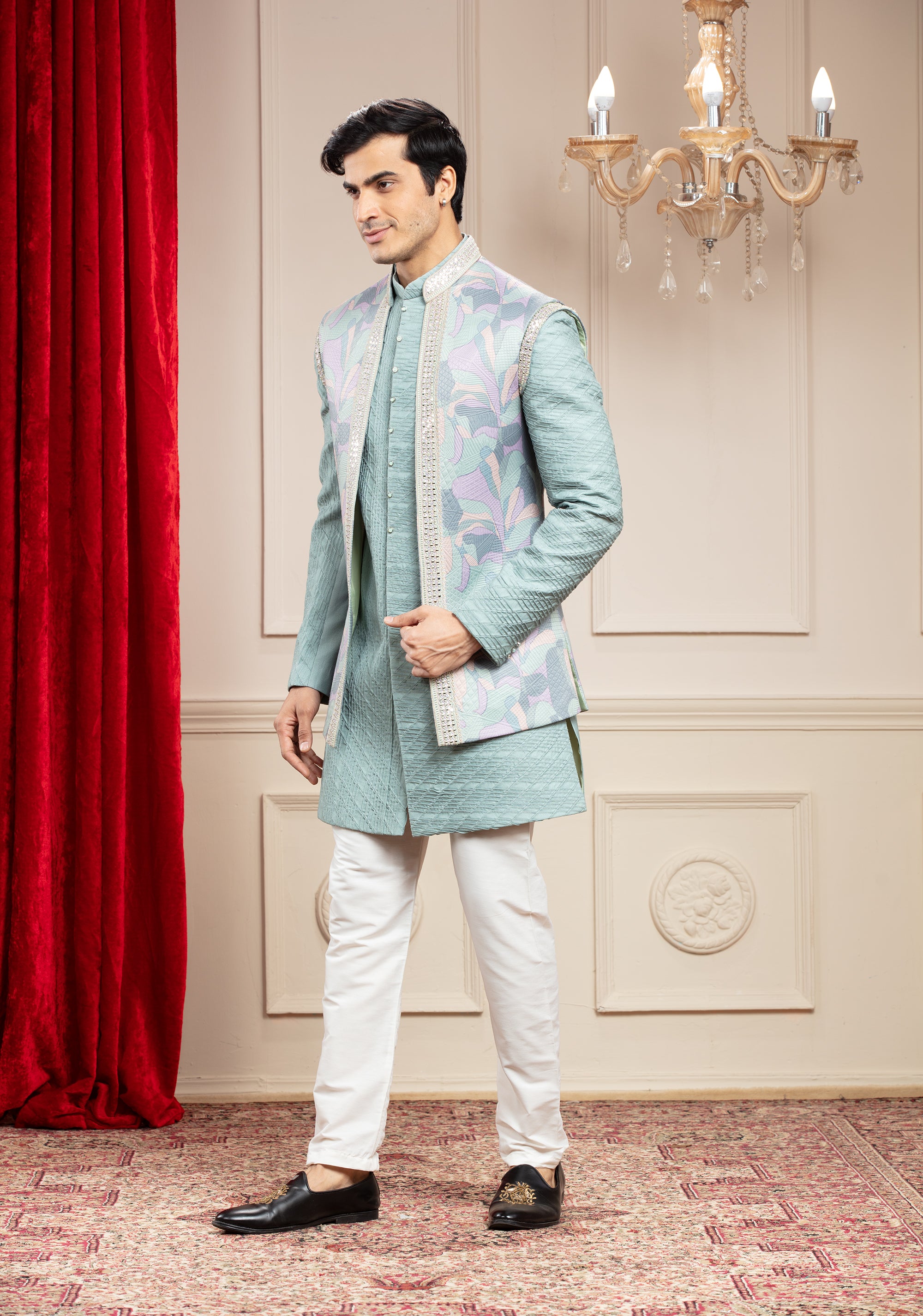 Pastel sea green Open Indo Western with floral jacket and resham self work