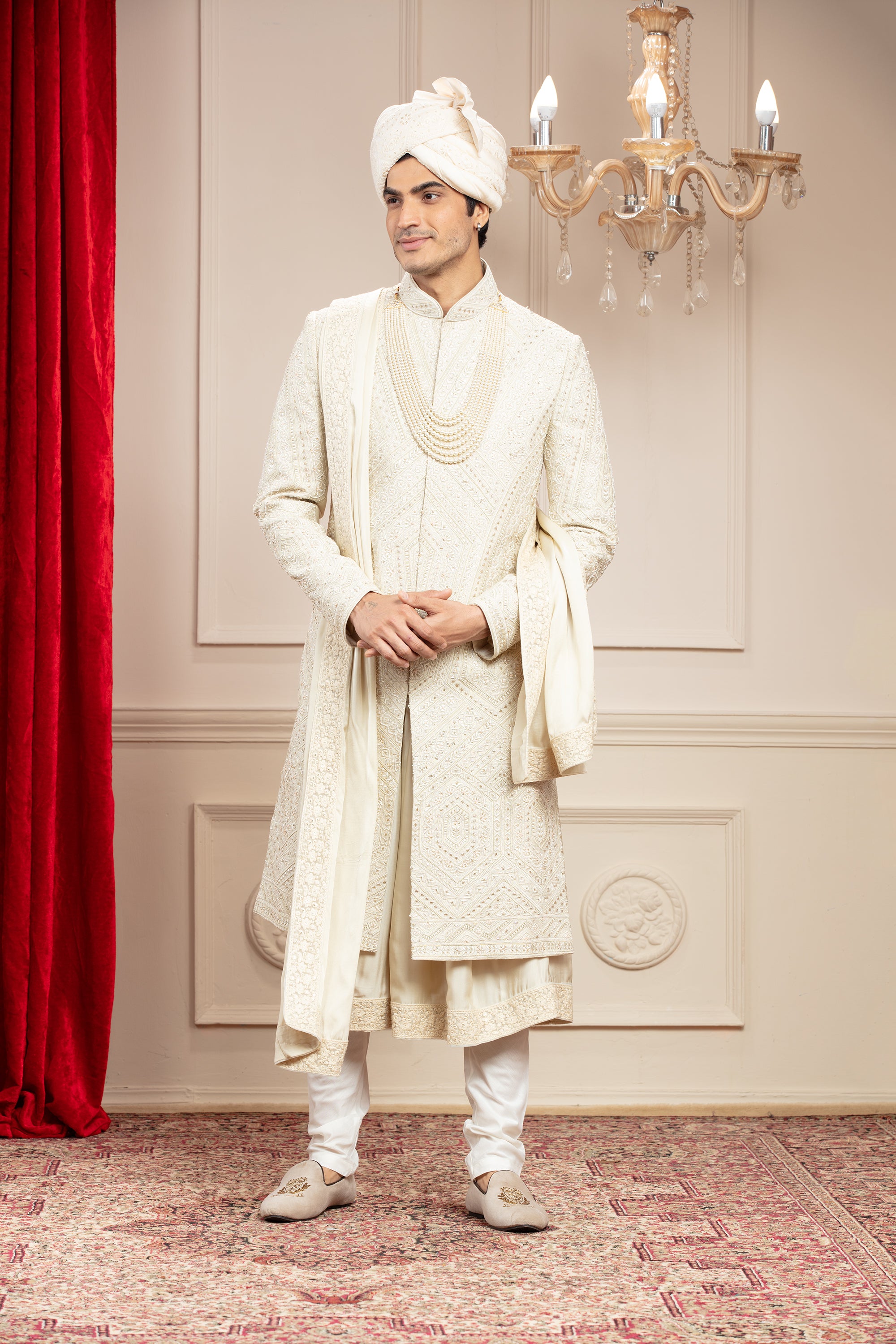 Cream White Anarkali Sherwani with matching Dupatta & embellishments